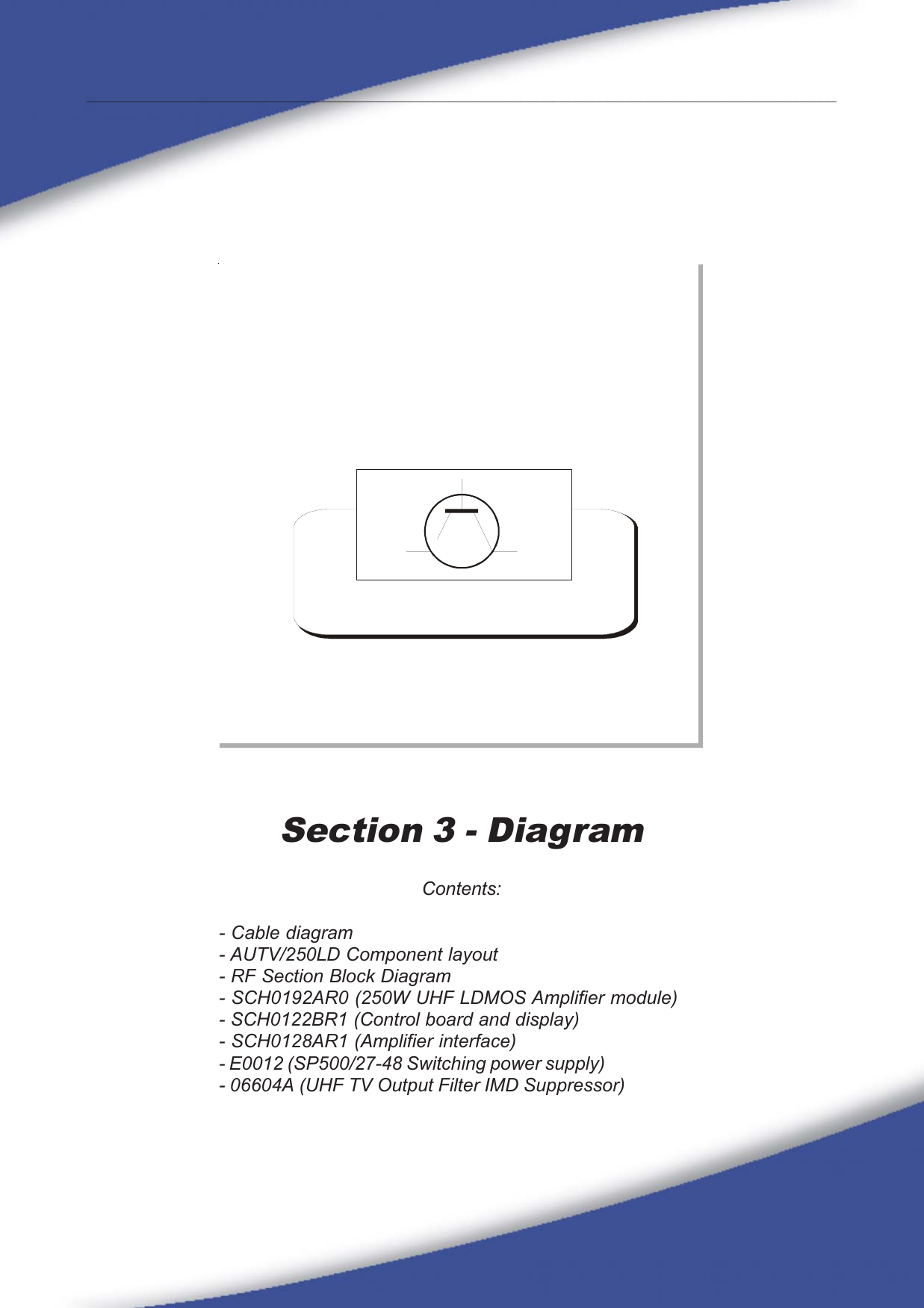 23_______________________________________________________________________________________________Section 3 - DiagramContents:- Cable diagram- AUTV/250LD Component layout- RF Section Block Diagram- SCH0192AR0 (250W UHF LDMOS Amplifier module)- SCH0122BR1 (Control board and display)- SCH0128AR1 (Amplifier interface)- E0012 (SP500/27-48 Switching power supply)- 06604A (UHF TV Output Filter IMD Suppressor)