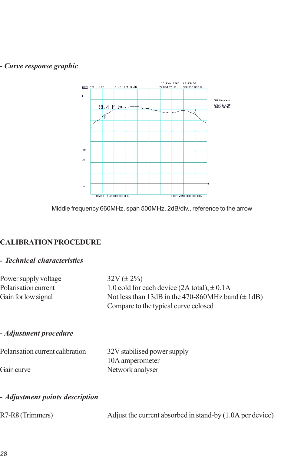 28CALIBRATION PROCEDURE- Technical characteristicsPower supply voltage 32V (± 2%)Polarisation current 1.0 cold for each device (2A total), ± 0.1AGain for low signal Not less than 13dB in the 470-860MHz band (± 1dB)Compare to the typical curve eclosed- Adjustment procedurePolarisation current calibration 32V stabilised power supply10A amperometerGain curve Network analyser- Adjustment points descriptionR7-R8 (Trimmers) Adjust the current absorbed in stand-by (1.0A per device)Middle frequency 660MHz, span 500MHz, 2dB/div., reference to the arrow- Curve response graphic