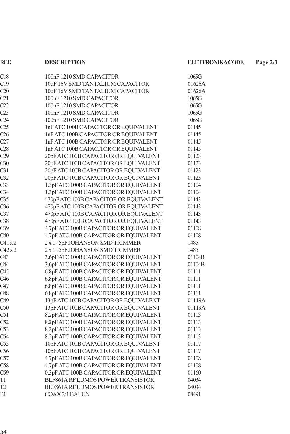 34REF.           DESCRIPTION ELETTRONIKA CODE Page 2/3C18 100nF 1210 SMD CAPACITOR 1065GC19 10uF 16V SMD TANTALIUM CAPACITOR 01626AC20 10uF 16V SMD TANTALIUM CAPACITOR 01626AC21 100nF 1210 SMD CAPACITOR 1065GC22 100nF 1210 SMD CAPACITOR 1065GC23 100nF 1210 SMD CAPACITOR 1065GC24 100nF 1210 SMD CAPACITOR 1065GC25 1nF ATC 100B CAPACITOR OR EQUIVALENT 01145C26 1nF ATC 100B CAPACITOR OR EQUIVALENT 01145C27 1nF ATC 100B CAPACITOR OR EQUIVALENT 01145C28 1nF ATC 100B CAPACITOR OR EQUIVALENT 01145C29 20pF ATC 100B CAPACITOR OR EQUIVALENT 01123C30 20pF ATC 100B CAPACITOR OR EQUIVALENT 01123C31 20pF ATC 100B CAPACITOR OR EQUIVALENT 01123C32 20pF ATC 100B CAPACITOR OR EQUIVALENT 01123C33 1.3pF ATC 100B CAPACITOR OR EQUIVALENT 01104C34 1.3pF ATC 100B CAPACITOR OR EQUIVALENT 01104C35 470pF ATC 100B CAPACITOR OR EQUIVALENT 01143C36 470pF ATC 100B CAPACITOR OR EQUIVALENT 01143C37 470pF ATC 100B CAPACITOR OR EQUIVALENT 01143C38 470pF ATC 100B CAPACITOR OR EQUIVALENT 01143C39 4.7pF ATC 100B CAPACITOR OR EQUIVALENT 01108C40 4.7pF ATC 100B CAPACITOR OR EQUIVALENT 01108C41 x 2 2 x 1÷5pF JOHANSON SMD TRIMMER 1485C42 x 2 2 x 1÷5pF JOHANSON SMD TRIMMER 1485C43 3.6pF ATC 100B CAPACITOR OR EQUIVALENT 01104BC44 3.6pF ATC 100B CAPACITOR OR EQUIVALENT 01104BC45 6.8pF ATC 100B CAPACITOR OR EQUIVALENT 01111C46 6.8pF ATC 100B CAPACITOR OR EQUIVALENT 01111C47 6.8pF ATC 100B CAPACITOR OR EQUIVALENT 01111C48 6.8pF ATC 100B CAPACITOR OR EQUIVALENT 01111C49 13pF ATC 100B CAPACITOR OR EQUIVALENT 01119AC50 13pF ATC 100B CAPACITOR OR EQUIVALENT 01119AC51 8.2pF ATC 100B CAPACITOR OR EQUIVALENT 01113C52 8.2pF ATC 100B CAPACITOR OR EQUIVALENT 01113C53 8.2pF ATC 100B CAPACITOR OR EQUIVALENT 01113C54 8.2pF ATC 100B CAPACITOR OR EQUIVALENT 01113C55 10pF ATC 100B CAPACITOR OR EQUIVALENT 01117C56 10pF ATC 100B CAPACITOR OR EQUIVALENT 01117C57 4.7pF ATC 100B CAPACITOR OR EQUIVALENT 01108C58 4.7pF ATC 100B CAPACITOR OR EQUIVALENT 01108C59 0.3pF ATC 100B CAPACITOR OR EQUIVALENT 01160T1 BLF861A RF LDMOS POWER TRANSISTOR 04034T2 BLF861A RF LDMOS POWER TRANSISTOR 04034B1 COAX 2:1 BALUN 08491