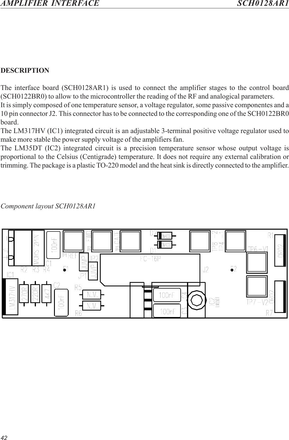 42AMPLIFIER INTERFACE SCH0128AR1DESCRIPTIONThe interface board (SCH0128AR1) is used to connect the amplifier stages to the control board(SCH0122BR0) to allow to the microcontroller the reading of the RF and analogical parameters.It is simply composed of one temperature sensor, a voltage regulator, some passive componentes and a10 pin connector J2. This connector has to be connected to the corresponding one of the SCH0122BR0board.The LM317HV (IC1) integrated circuit is an adjustable 3-terminal positive voltage regulator used tomake more stable the power supply voltage of the amplifiers fan.The LM35DT (IC2) integrated circuit is a precision temperature sensor whose output voltage isproportional to the Celsius (Centigrade) temperature. It does not require any external calibration ortrimming. The package is a plastic TO-220 model and the heat sink is directly connected to the amplifier.Component layout SCH0128AR1