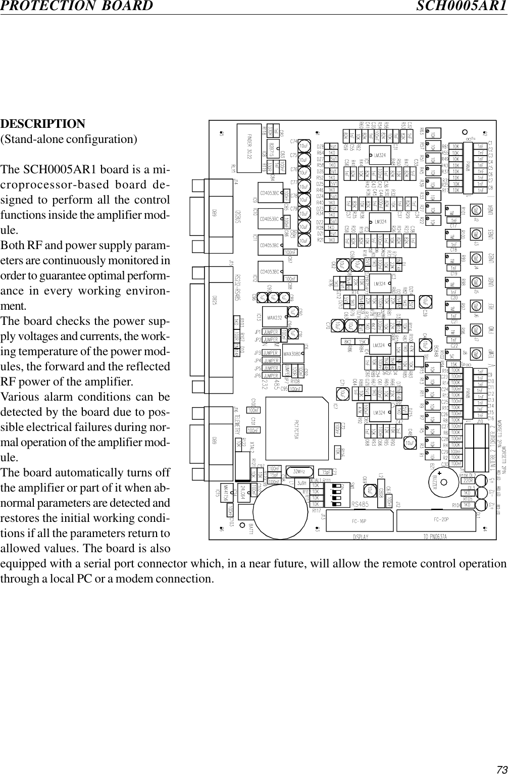 73PROTECTION BOARD SCH0005AR1DESCRIPTION(Stand-alone configuration)The SCH0005AR1 board is a mi-croprocessor-based board de-signed to perform all the controlfunctions inside the amplifier mod-ule.Both RF and power supply param-eters are continuously monitored inorder to guarantee optimal perform-ance in every working environ-ment.The board checks the power sup-ply voltages and currents, the work-ing temperature of the power mod-ules, the forward and the reflectedRF power of the amplifier.Various alarm conditions can bedetected by the board due to pos-sible electrical failures during nor-mal operation of the amplifier mod-ule.The board automatically turns offthe amplifier or part of it when ab-normal parameters are detected andrestores the initial working condi-tions if all the parameters return toallowed values. The board is alsoequipped with a serial port connector which, in a near future, will allow the remote control operationthrough a local PC or a modem connection.