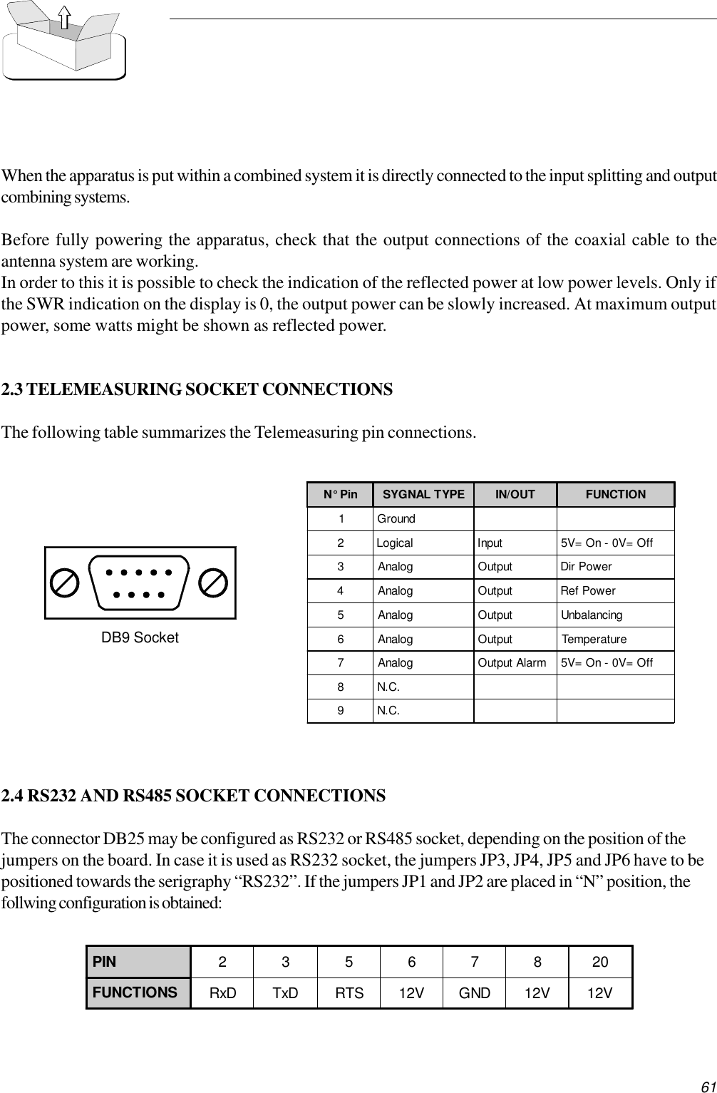 61When the apparatus is put within a combined system it is directly connected to the input splitting and outputcombining systems.Before fully powering the apparatus, check that the output connections of the coaxial cable to theantenna system are working.In order to this it is possible to check the indication of the reflected power at low power levels. Only ifthe SWR indication on the display is 0, the output power can be slowly increased. At maximum outputpower, some watts might be shown as reflected power.2.3 TELEMEASURING SOCKET CONNECTIONSThe following table summarizes the Telemeasuring pin connections.2.4 RS232 AND RS485 SOCKET CONNECTIONSThe connector DB25 may be configured as RS232 or RS485 socket, depending on the position of thejumpers on the board. In case it is used as RS232 socket, the jumpers JP3, JP4, JP5 and JP6 have to bepositioned towards the serigraphy “RS232”. If the jumpers JP1 and JP2 are placed in “N” position, thefollwing configuration is obtained:DB9 SocketPIN 23567820FUNCTIONS RxD TxD RTS 12V GND 12V 12VN° Pin SYGNAL TYPE IN/OUT FUNCTION1 Ground2 Logical Input 5V= On - 0V= Off3 Analog Output Dir Power4 Analog Output Ref Power5 Analog Output Unbalancing6 Analog Output Temperature7 Analog Output Alarm 5V= On - 0V= Off8N.C.9N.C.