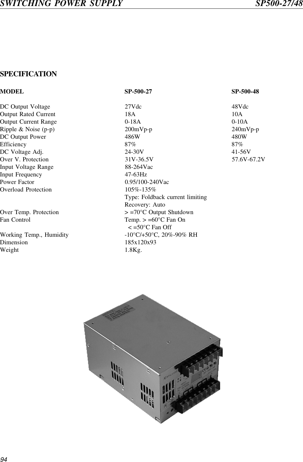 94SPECIFICATIONMODEL SP-500-27 SP-500-48DC Output Voltage 27Vdc 48VdcOutput Rated Current 18A 10AOutput Current Range 0-18A 0-10ARipple &amp; Noise (p-p) 200mVp-p 240mVp-pDC Output Power 486W 480WEfficiency 87% 87%DC Voltage Adj. 24-30V 41-56VOver V. Protection 31V-36.5V 57.6V-67.2VInput Voltage Range 88-264VacInput Frequency 47-63HzPower Factor 0.95/100-240VacOverload Protection 105%-135%Type: Foldback current limitingRecovery: AutoOver Temp. Protection &gt; =70°C Output ShutdownFan Control Temp. &gt; =60°C Fan On  &lt; =50°C Fan OffWorking Temp., Humidity -10°C/+50°C, 20%-90% RHDimension 185x120x93Weight 1.8Kg.SWITCHING POWER SUPPLY   SP500-27/48