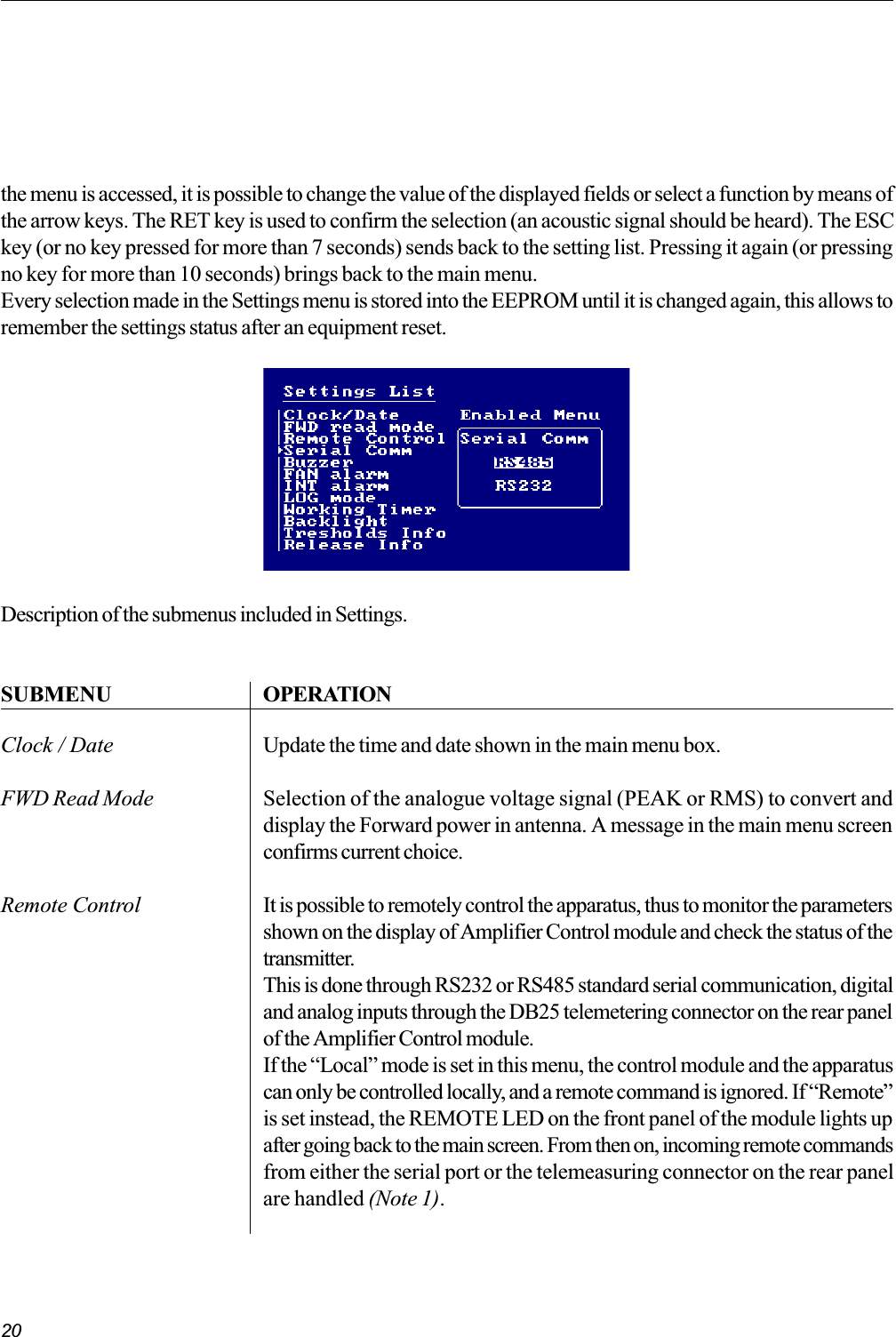 20Description of the submenus included in Settings.SUBMENU OPERATIONUpdate the time and date shown in the main menu box.Selection of the analogue voltage signal (PEAK or RMS) to convert anddisplay the Forward power in antenna. A message in the main menu screenconfirms current choice.It is possible to remotely control the apparatus, thus to monitor the parametersshown on the display of Amplifier Control module and check the status of thetransmitter.This is done through RS232 or RS485 standard serial communication, digitaland analog inputs through the DB25 telemetering connector on the rear panelof the Amplifier Control module.If the Local mode is set in this menu, the control module and the apparatuscan only be controlled locally, and a remote command is ignored. If Remoteis set instead, the REMOTE LED on the front panel of the module lights upafter going back to the main screen. From then on, incoming remote commandsfrom either the serial port or the telemeasuring connector on the rear panelare handled (Note 1).Clock / DateFWD Read ModeRemote Controlthe menu is accessed, it is possible to change the value of the displayed fields or select a function by means ofthe arrow keys. The RET key is used to confirm the selection (an acoustic signal should be heard). The ESCkey (or no key pressed for more than 7 seconds) sends back to the setting list. Pressing it again (or pressingno key for more than 10 seconds) brings back to the main menu.Every selection made in the Settings menu is stored into the EEPROM until it is changed again, this allows toremember the settings status after an equipment reset.