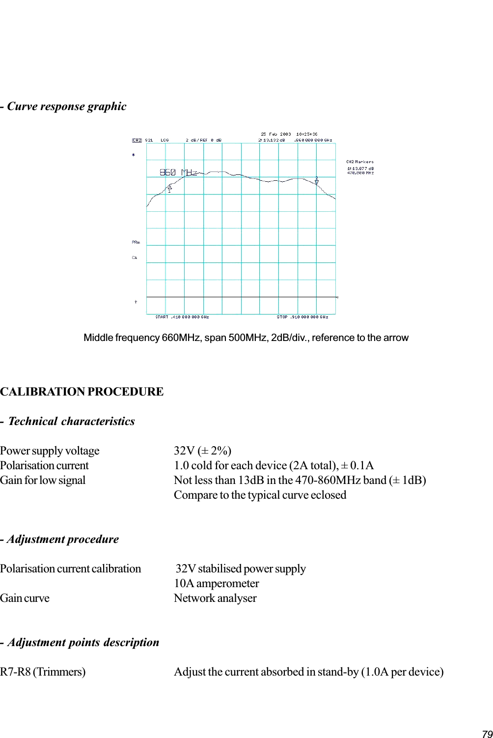 79CALIBRATION PROCEDURE- Technical characteristicsPower supply voltage 32V (± 2%)Polarisation current 1.0 cold for each device (2A total), ± 0.1AGain for low signal Not less than 13dB in the 470-860MHz band (± 1dB)Compare to the typical curve eclosed- Adjustment procedurePolarisation current calibration 32V stabilised power supply10A amperometerGain curve Network analyser- Adjustment points descriptionR7-R8 (Trimmers) Adjust the current absorbed in stand-by (1.0A per device)Middle frequency 660MHz, span 500MHz, 2dB/div., reference to the arrow- Curve response graphic