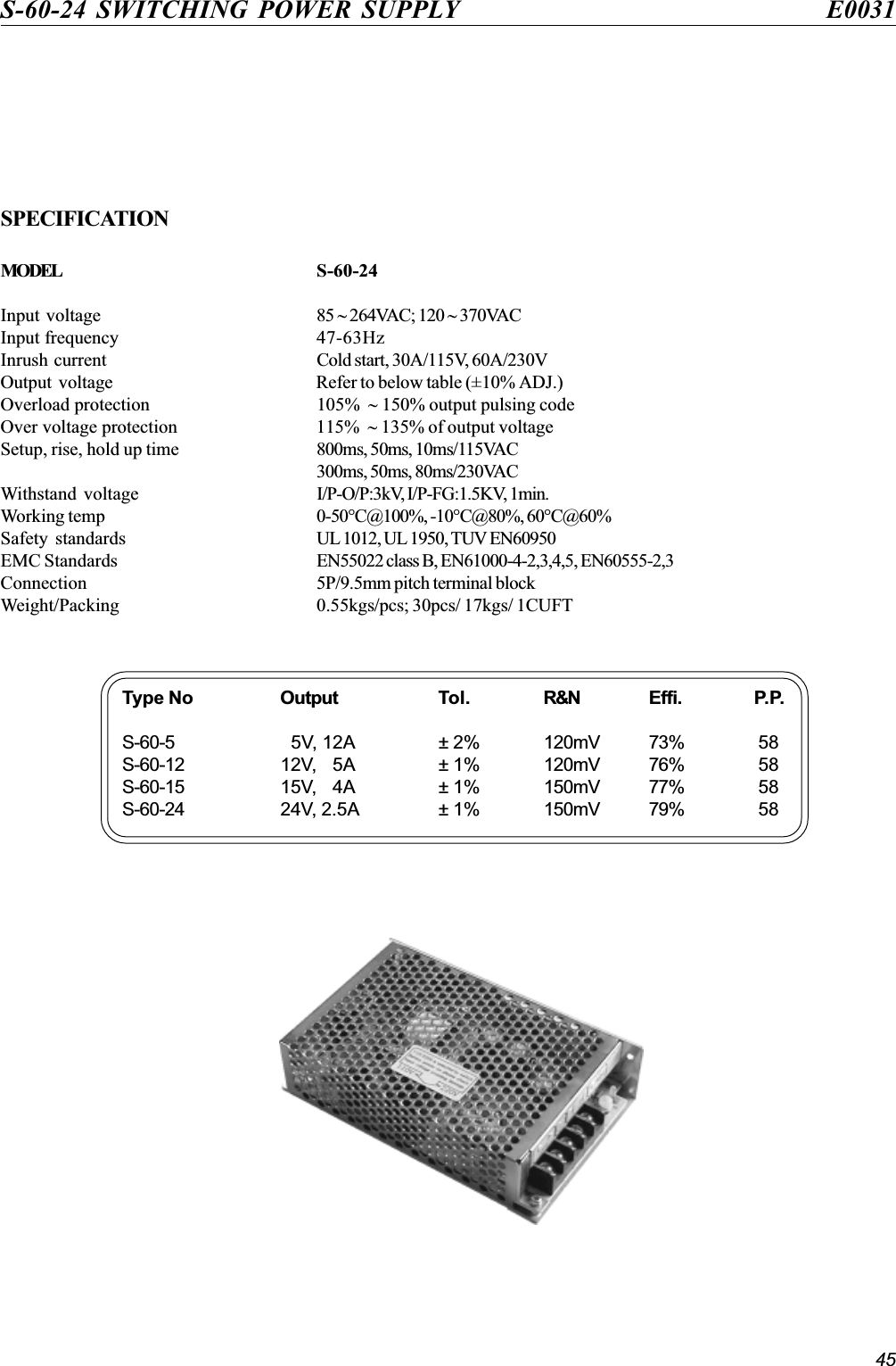 45SPECIFICATIONMODEL S - 6 0 - 2 4Input voltage 85 ~ 264VAC; 120 ~ 370VACInput frequency 47-63HzInrush current Cold start, 30A/115V, 60A/230VOutput  voltage Refer to below table (±10% ADJ.)Overload protection 105%  ~ 150% output pulsing codeOver voltage protection 115%  ~ 135% of output voltageSetup, rise, hold up time 800ms, 50ms, 10ms/115VAC300ms, 50ms, 80ms/230VACWithstand voltage I/P-O/P:3kV, I/P-FG:1.5KV, 1min.Working temp 0-50°C@100%, -10°C@80%, 60°C@60%Safety standards UL 1012, UL 1950, TUV EN60950EMC Standards EN55022 class B, EN61000-4-2,3,4,5, EN60555-2,3Connection 5P/9.5mm pitch terminal blockWeight/Packing 0.55kgs/pcs; 30pcs/ 17kgs/ 1CUFTS-60-24 SWITCHING POWER SUPPLY   E0031Type No Output Tol. R&amp;N Effi. P.P.S-60-5   5V, 12A ± 2% 120mV 73%  58S-60-12 12V,   5A ± 1% 120mV 76%  58S-60-15 15V,   4A ± 1% 150mV 77%  58S-60-24 24V, 2.5A ± 1% 150mV 79%  58