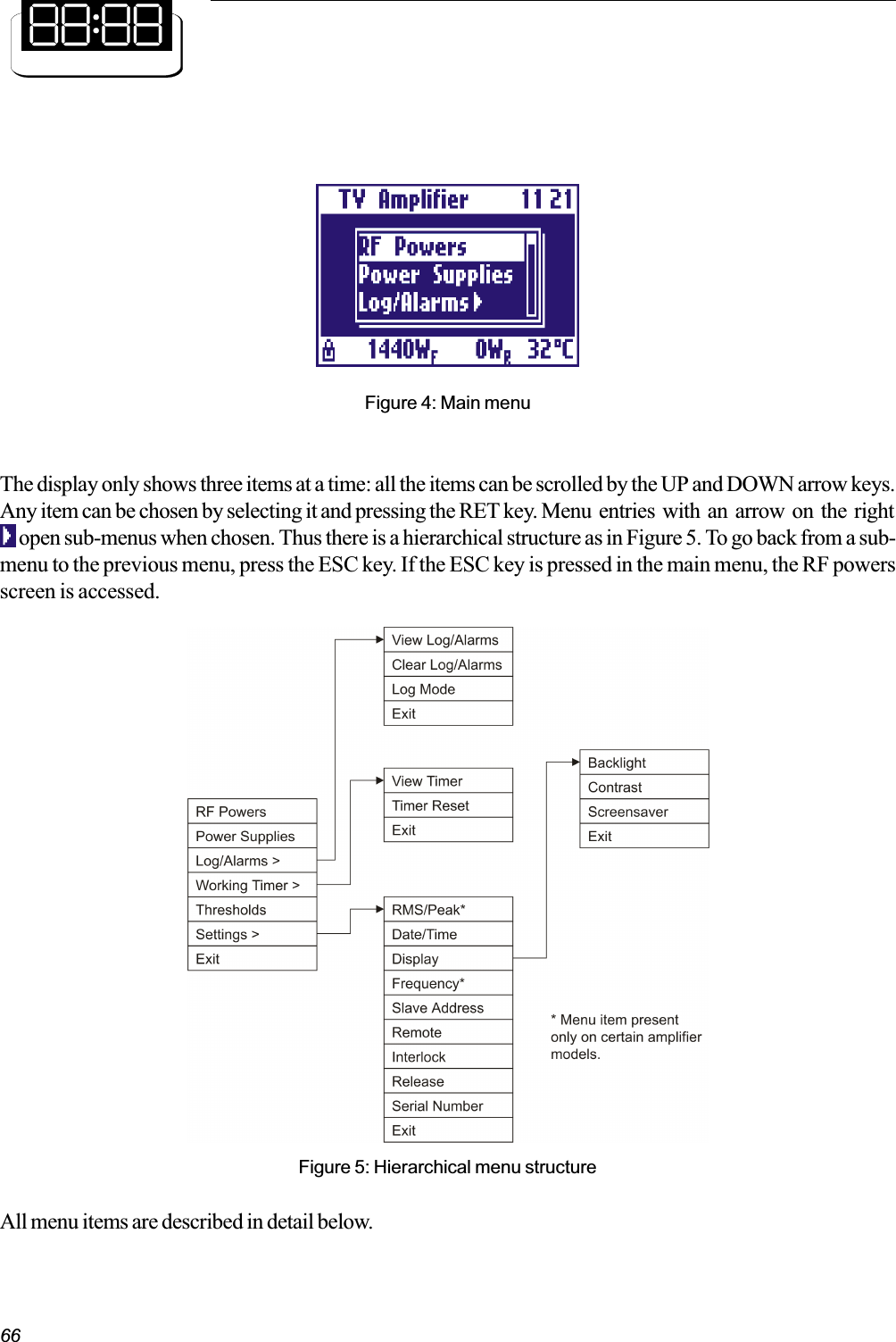 66Figure 4: Main menuThe display only shows three items at a time: all the items can be scrolled by the UP and DOWN arrow keys.Any item can be chosen by selecting it and pressing the RET key. Menu  entries  with  an  arrow  on  the  right     open sub-menus when chosen. Thus there is a hierarchical structure as in Figure 5. To go back from a sub-menu to the previous menu, press the ESC key. If the ESC key is pressed in the main menu, the RF powersscreen is accessed.Figure 5: Hierarchical menu structureAll menu items are described in detail below.