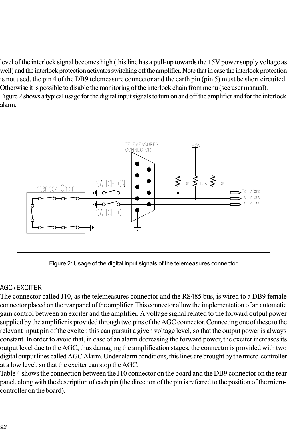 92Figure 2: Usage of the digital input signals of the telemeasures connectorAGC / EXCITERThe connector called J10, as the telemeasures connector and the RS485 bus, is wired to a DB9 femaleconnector placed on the rear panel of the amplifier. This connector allow the implementation of an automaticgain control between an exciter and the amplifier. A voltage signal related to the forward output powersupplied by the amplifier is provided through two pins of the AGC connector. Connecting one of these to therelevant input pin of the exciter, this can pursuit a given voltage level, so that the output power is alwaysconstant. In order to avoid that, in case of an alarm decreasing the forward power, the exciter increases itsoutput level due to the AGC, thus damaging the amplification stages, the connector is provided with twodigital output lines called AGC Alarm. Under alarm conditions, this lines are brought by the micro-controllerat a low level, so that the exciter can stop the AGC.Table 4 shows the connection between the J10 connector on the board and the DB9 connector on the rearpanel, along with the description of each pin (the direction of the pin is referred to the position of the micro-controller on the board).level of the interlock signal becomes high (this line has a pull-up towards the +5V power supply voltage aswell) and the interlock protection activates switching off the amplifier. Note that in case the interlock protectionis not used, the pin 4 of the DB9 telemeasure connector and the earth pin (pin 5) must be short circuited.Otherwise it is possible to disable the monitoring of the interlock chain from menu (see user manual).Figure 2 shows a typical usage for the digital input signals to turn on and off the amplifier and for the interlockalarm.