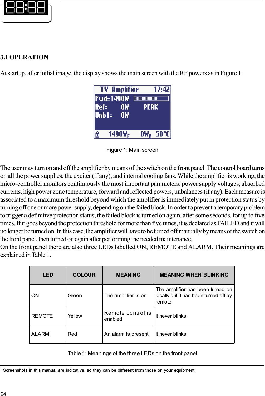 243.1 OPERATIONAt startup, after initial image, the display shows the main screen with the RF powers as in Figure 1:The user may turn on and off the amplifier by means of the switch on the front panel. The control board turnson all the power supplies, the exciter (if any), and internal cooling fans. While the amplifier is working, themicro-controller monitors continuously the most important parameters: power supply voltages, absorbedcurrents, high power zone temperature, forward and reflected powers, unbalances (if any). Each measure isassociated to a maximum threshold beyond which the amplifier is immediately put in protection status byturning off one or more power supply, depending on the failed block. In order to prevent a temporary problemto trigger a definitive protection status, the failed block is turned on again, after some seconds, for up to fivetimes. If it goes beyond the protection threshold for more than five times, it is declared as FAILED and it willno longer be turned on. In this case, the amplifier will have to be turned off manually by means of the switch onthe front panel, then turned on again after performing the needed maintenance.On the front panel there are also three LEDs labelled ON, REMOTE and ALARM. Their meanings areexplained in Table 1.Figure 1: Main screenTable 1: Meanings of the three LEDs on the front panel1 Screenshots in this manual are indicative, so they can be different from those on your equipment.LED COLOUR MEANING MEANING WHEN BLINKINGON Green The amplifier is onThe amplifier has been turned onlocally but it has been turned off byremoteREMOTE Yellow Remote control isenabled It never bli nksALARM Red An alarm is present It never blinks