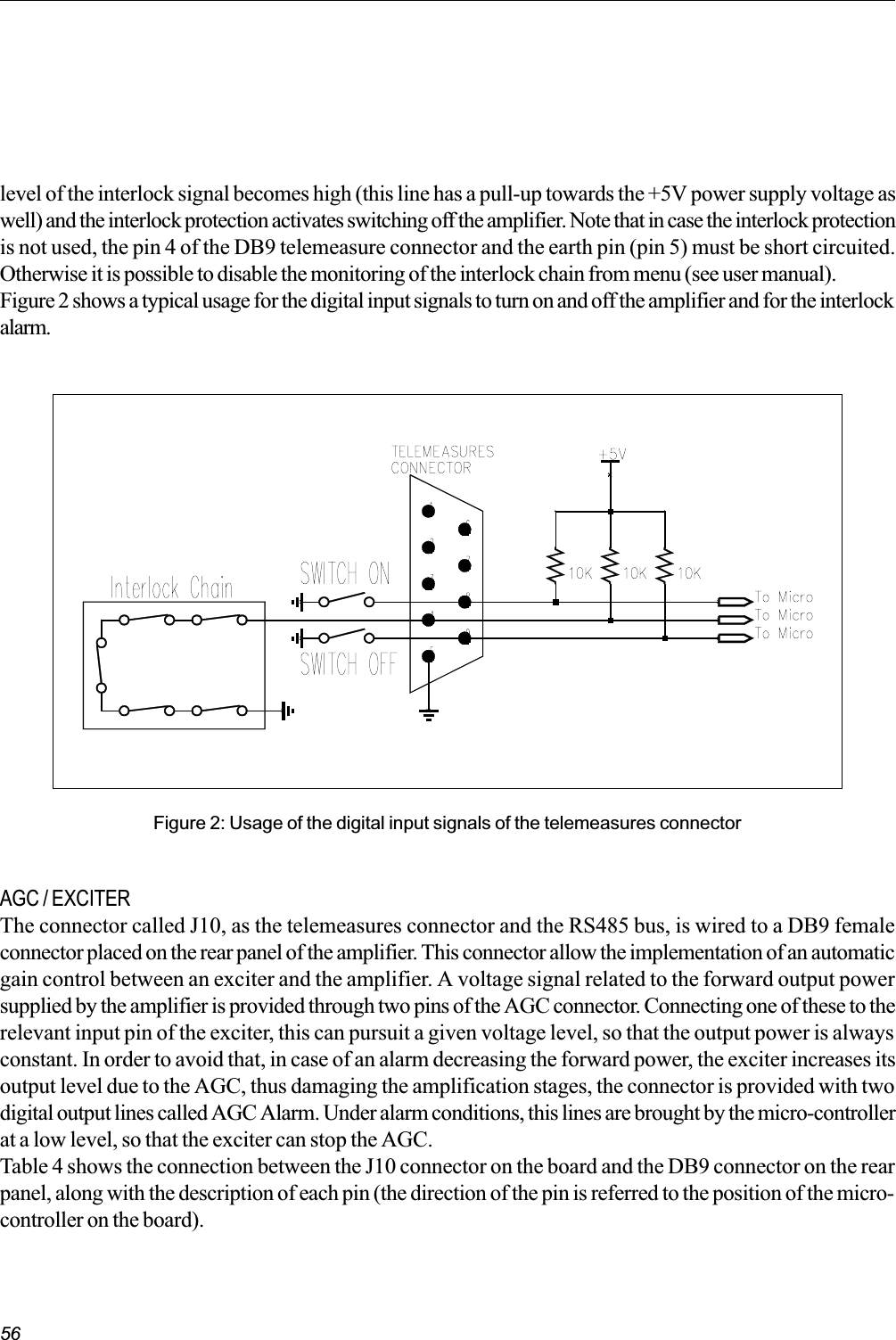 56Figure 2: Usage of the digital input signals of the telemeasures connectorAGC / EXCITERThe connector called J10, as the telemeasures connector and the RS485 bus, is wired to a DB9 femaleconnector placed on the rear panel of the amplifier. This connector allow the implementation of an automaticgain control between an exciter and the amplifier. A voltage signal related to the forward output powersupplied by the amplifier is provided through two pins of the AGC connector. Connecting one of these to therelevant input pin of the exciter, this can pursuit a given voltage level, so that the output power is alwaysconstant. In order to avoid that, in case of an alarm decreasing the forward power, the exciter increases itsoutput level due to the AGC, thus damaging the amplification stages, the connector is provided with twodigital output lines called AGC Alarm. Under alarm conditions, this lines are brought by the micro-controllerat a low level, so that the exciter can stop the AGC.Table 4 shows the connection between the J10 connector on the board and the DB9 connector on the rearpanel, along with the description of each pin (the direction of the pin is referred to the position of the micro-controller on the board).level of the interlock signal becomes high (this line has a pull-up towards the +5V power supply voltage aswell) and the interlock protection activates switching off the amplifier. Note that in case the interlock protectionis not used, the pin 4 of the DB9 telemeasure connector and the earth pin (pin 5) must be short circuited.Otherwise it is possible to disable the monitoring of the interlock chain from menu (see user manual).Figure 2 shows a typical usage for the digital input signals to turn on and off the amplifier and for the interlockalarm.