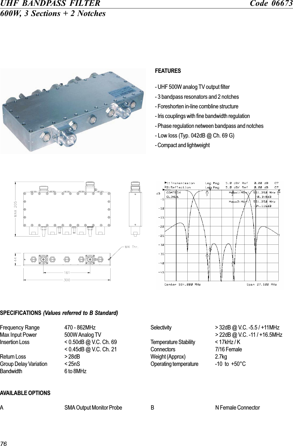 76UHF BANDPASS FILTER Code 06673600W, 3 Sections + 2 NotchesFEATURES- UHF 500W analog TV output filter- 3 bandpass resonators and 2 notches- Foreshorten in-line combline structure- Iris couplings with fine bandwidth regulation- Phase regulation netween bandpass and notches- Low loss (Typ. 042dB @ Ch. 69 G)- Compact and lightweightSPECIFICATIONS (Values referred to B Standard)Frequency Range 470 - 862MHz Selectivity &gt; 32dB @ V.C. -5.5 / +11MHzMax Input Power 500W Analog TV &gt; 22dB @ V.C. -11 / +16.5MHzInsertion Loss &lt; 0.50dB @ V.C. Ch. 69 Temperature Stability &lt; 17kHz / K&lt; 0.45dB @ V.C. Ch. 21 Connectors 7/16 FemaleReturn Loss &gt; 28dB Weight (Approx) 2.7kgGroup Delay Variation &lt; 25nS Operating temperature -10  to  +50°CBandwidth 6 to 8MHzAVAILABLE OPTIONSA SMA Output Monitor Probe B N Female Connector 