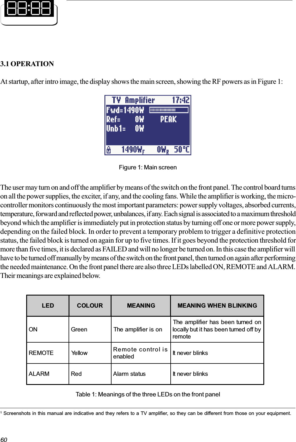 603.1 OPERATIONAt startup, after intro image, the display shows the main screen, showing the RF powers as in Figure 1:The user may turn on and off the amplifier by means of the switch on the front panel. The control board turnson all the power supplies, the exciter, if any, and the cooling fans. While the amplifier is working, the micro-controller monitors continuously the most important parameters: power supply voltages, absorbed currents,temperature, forward and reflected power, unbalances, if any. Each signal is associated to a maximum thresholdbeyond which the amplifier is immediately put in protection status by turning off one or more power supply,depending on the failed block. In order to prevent a temporary problem to trigger a definitive protectionstatus, the failed block is turned on again for up to five times. If it goes beyond the protection threshold formore than five times, it is declared as FAILED and will no longer be turned on. In this case the amplifier willhave to be turned off manually by means of the switch on the front panel, then turned on again after performingthe needed maintenance. On the front panel there are also three LEDs labelled ON, REMOTE and ALARM.Their meanings are explained below.Figure 1: Main screenLED COLOUR MEANING MEANING WHEN BLINKINGON Green The amplifier is onThe amplifier has been turned onlocally but it has been turned off byremoteREMOTE Yellow Remote control isenabled It ne ve r blinksALARM Red Alarm status It never blinksTable 1: Meanings of the three LEDs on the front panel1 Screenshots in this manual are indicative and they refers to a TV amplifier, so they can be different from those on your equipment.