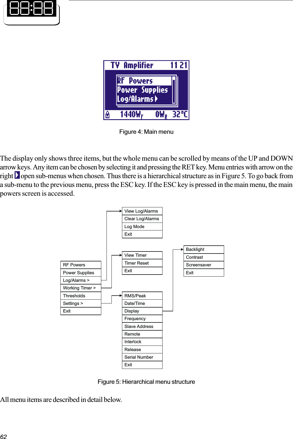 62Figure 4: Main menuThe display only shows three items, but the whole menu can be scrolled by means of the UP and DOWNarrow keys. Any item can be chosen by selecting it and pressing the RET key. Menu entries with arrow on theright      open sub-menus when chosen. Thus there is a hierarchical structure as in Figure 5. To go back froma sub-menu to the previous menu, press the ESC key. If the ESC key is pressed in the main menu, the mainpowers screen is accessed.Figure 5: Hierarchical menu structureAll menu items are described in detail below.RF PowersPower SuppliesLog/Alarms &gt;Working Timer &gt;ThresholdsSettings &gt;ExitView Log/AlarmsClear Log/AlarmsLog ModeView TimerTimer ResetExitRMS/PeakDate/TimeDisplayFrequencySlave AddressRemoteInterlockReleaseSerial NumberExitBacklightContrastScreensaverExitExit