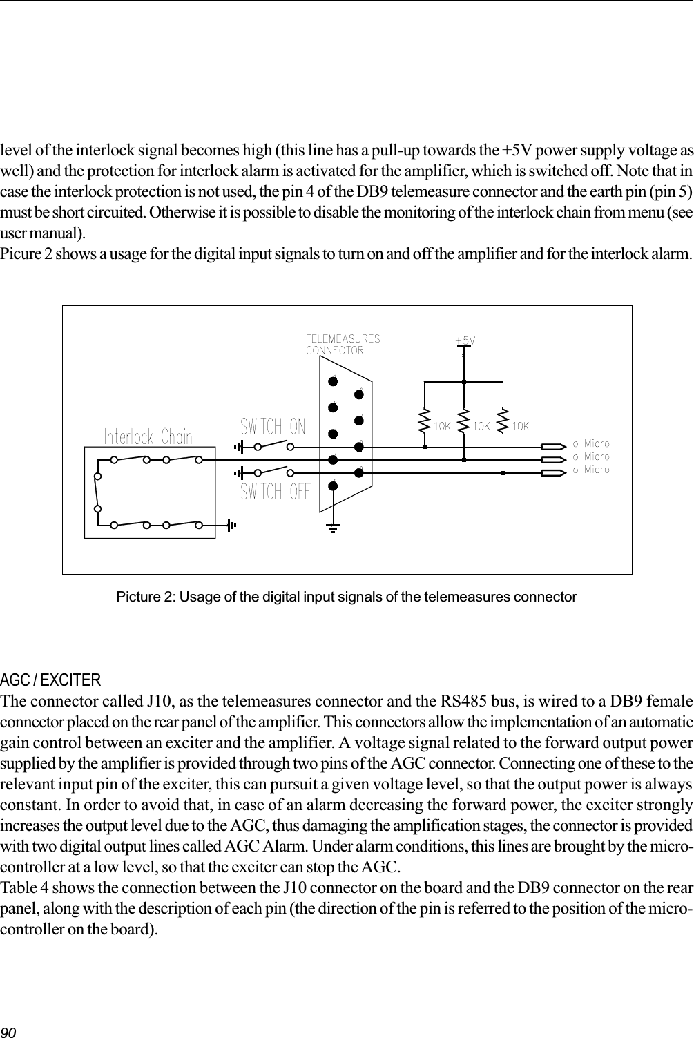 90Picture 2: Usage of the digital input signals of the telemeasures connectorAGC / EXCITERThe connector called J10, as the telemeasures connector and the RS485 bus, is wired to a DB9 femaleconnector placed on the rear panel of the amplifier. This connectors allow the implementation of an automaticgain control between an exciter and the amplifier. A voltage signal related to the forward output powersupplied by the amplifier is provided through two pins of the AGC connector. Connecting one of these to therelevant input pin of the exciter, this can pursuit a given voltage level, so that the output power is alwaysconstant. In order to avoid that, in case of an alarm decreasing the forward power, the exciter stronglyincreases the output level due to the AGC, thus damaging the amplification stages, the connector is providedwith two digital output lines called AGC Alarm. Under alarm conditions, this lines are brought by the micro-controller at a low level, so that the exciter can stop the AGC.Table 4 shows the connection between the J10 connector on the board and the DB9 connector on the rearpanel, along with the description of each pin (the direction of the pin is referred to the position of the micro-controller on the board).level of the interlock signal becomes high (this line has a pull-up towards the +5V power supply voltage aswell) and the protection for interlock alarm is activated for the amplifier, which is switched off. Note that incase the interlock protection is not used, the pin 4 of the DB9 telemeasure connector and the earth pin (pin 5)must be short circuited. Otherwise it is possible to disable the monitoring of the interlock chain from menu (seeuser manual).Picure 2 shows a usage for the digital input signals to turn on and off the amplifier and for the interlock alarm.