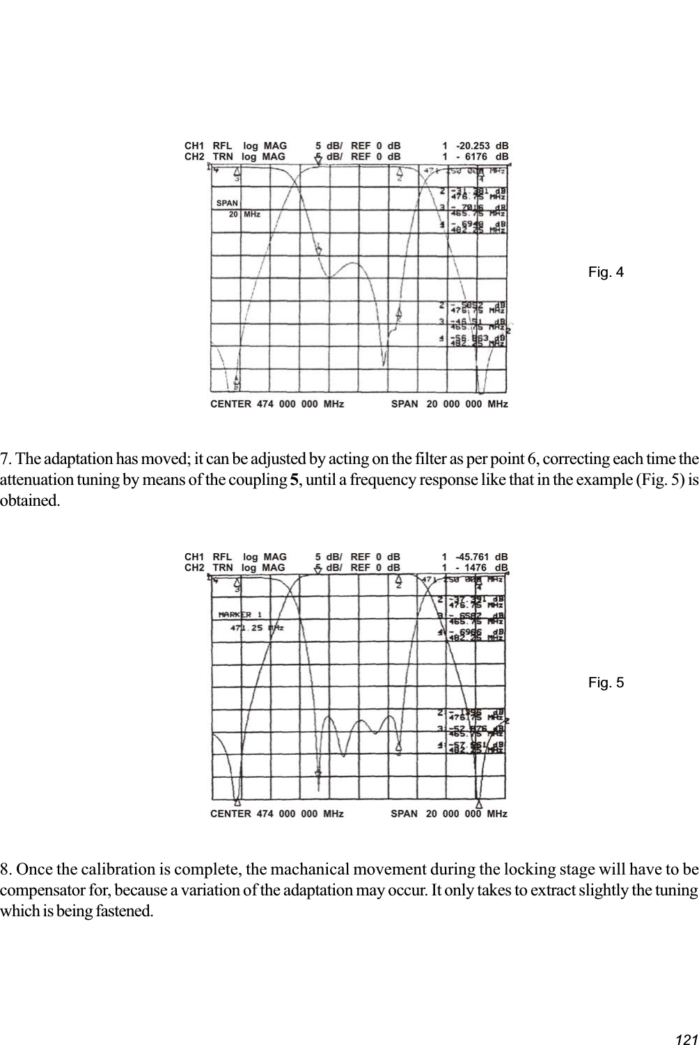 121Fig. 47. The adaptation has moved; it can be adjusted by acting on the filter as per point 6, correcting each time theattenuation tuning by means of the coupling 5, until a frequency response like that in the example (Fig. 5) isobtained.Fig. 58. Once the calibration is complete, the machanical movement during the locking stage will have to becompensator for, because a variation of the adaptation may occur. It only takes to extract slightly the tuningwhich is being fastened.