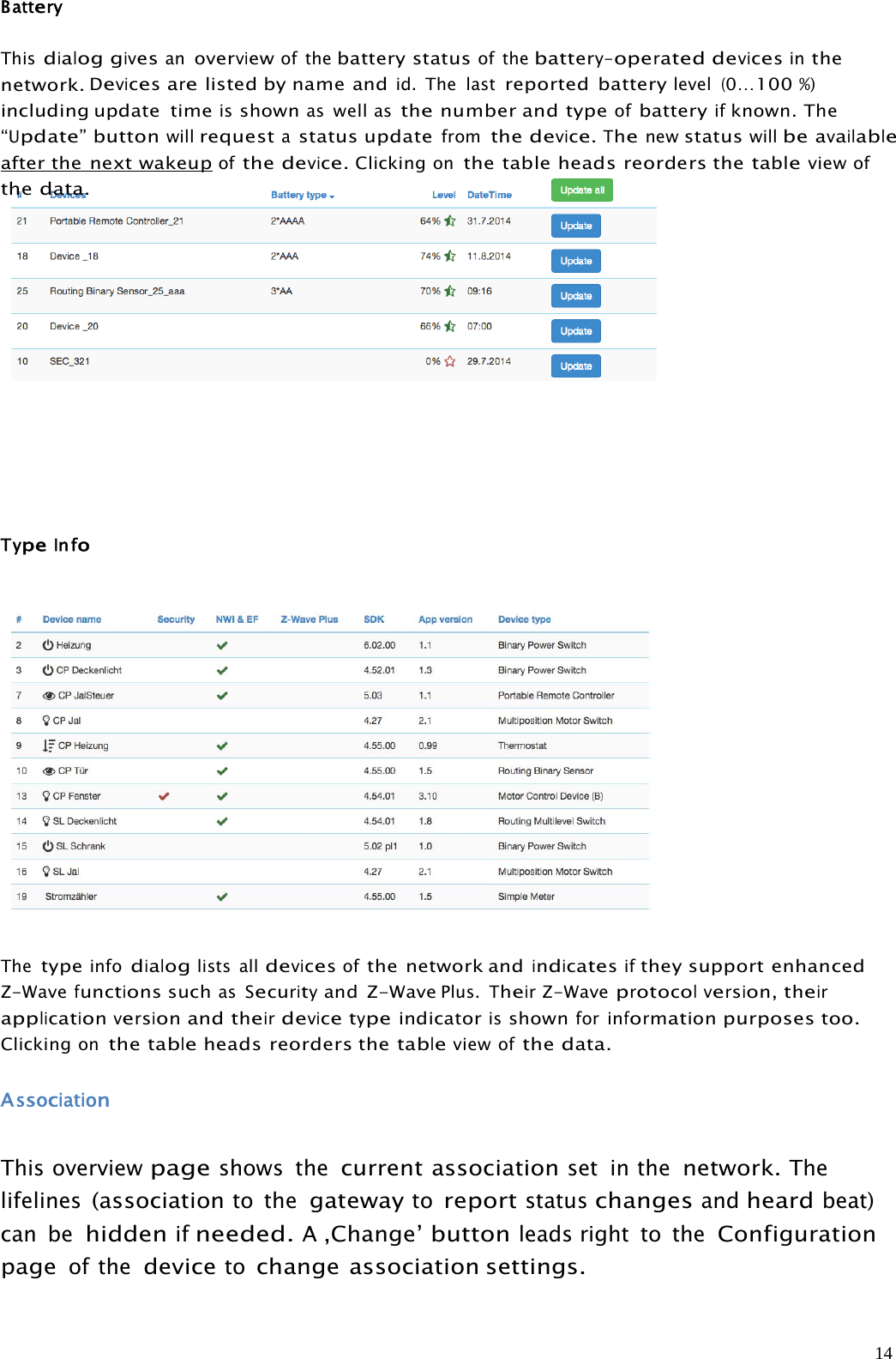 14BatteryThisdialoggivesanoverviewof thebattery statusof thebattery-operateddevicesinthenetwork.Devicesarelisted by name andid. The lastreported batterylevel(0…100%)including update timeisshownaswellasthenumber and typeofbatteryifknown. The“Update”buttonwillrequestastatus updatefromthedevice.Thenewstatuswillbeavailableafter the next wakeupofthedevice.Clickingonthe table heads reorders thetableviewofthedata.TypeInfoThetypeinfodialoglists alldevicesofthe network andindicatesifthey support enhancedZ-WavefunctionssuchasSecurityand Z-WavePlus.TheirZ-Waveprotocolversion,theirapplicationversionandtheirdevicetypeindicatorisshownforinformationpurposes too.Clickingonthe tableheads reorders thetableviewofthedata.AssociationThis overviewpageshows thecurrent associationset in thenetwork.Thelifelines(associationto thegatewaytoreportstatuschangesandheardbeat)can behiddenifneeded.A‚Change’buttonleads right to theConfigurationpageof thedevicetochange associationsettings.