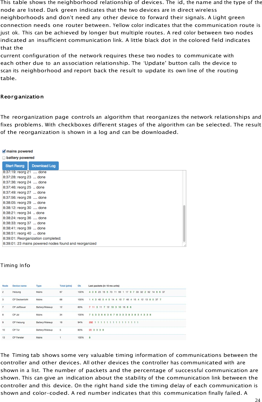 24Thistableshowstheneighborhoodrelationshipofdevices.Theid,thenameand thetypeof thenode arelisted.Darkgreen indicatesthatthetwodevicesare indirectwirelessneighborhoodsanddon’tneedanyotherdeviceto forwardtheirsignals.ALightgreenconnectionneeds one router between.Yellowcolorindicatesthatthecommunicationrouteisjust ok. This canbeachievedbylongerbutmultipleroutes.Aredcolorbetweentwonodesindicatedaninsufficientcommunicationlink. Alittleblackdotin thecoloredfieldindicatesthatthecurrentconfigurationofthe networkrequiresthesetwonodestocommunicatewitheach other duetoanassociationrelationship.The‘Update’buttoncalls thedevicetoscan itsneighborhoodandreport backtheresulttoupdateits ownlineofthe routingtable.ReorganizationThereorganizationpage controlsanalgorithmthat reorganizesthenetworkrelationshipsandfixesproblems.Withcheckboxesdifferentstagesofthe algorithmcanbeselected.Theresultofthereorganizationisshowninalog andcanbe downloaded.TimingInfoThe Timingtab shows someveryvaluabletiminginformationofcommunicationsbetweenthecontrollerandotherdevices.Allotherdevicesthecontrollerhascommunicatedwithareshownin a list.The numberofpacketsand the percentageofsuccessfulcommunicationareshown.This cangiveanindicationabout thestabilityofthecommunicationlinkbetween thecontrollerandthisdevice.Ontherighthandsidethetimingdelayofeachcommunicationisshown andcolor-coded.Ared numberindicatesthatthiscommunicationfinallyfailed.A