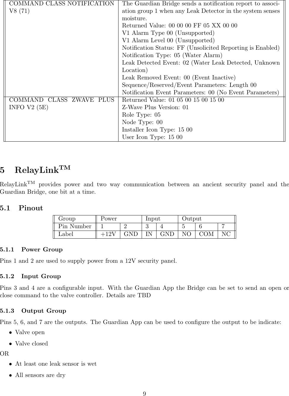 COMMAND CLASS NOTIFICATIONV8 (71)The Guardian Bridge sends a notiﬁcation report to associ-ation group 1 when any Leak Detector in the system sensesmoisture.Returned Value: 00 00 00 FF 05 XX 00 00V1 Alarm Type 00 (Unsupported)V1 Alarm Level 00 (Unsupported)Notiﬁcation Status: FF (Unsolicited Reporting is Enabled)Notiﬁcation Type: 05 (Water Alarm)Leak Detected Event: 02 (Water Leak Detected, UnknownLocation)Leak Removed Event: 00 (Event Inactive)Sequence/Reserved/Event Parameters: Length 00Notiﬁcation Event Parameters: 00 (No Event Parameters)COMMAND CLASS ZWAVE PLUSINFO V2 (5E)Returned Value: 01 05 00 15 00 15 00Z-Wave Plus Version: 01Role Type: 05Node Type: 00Installer Icon Type: 15 00User Icon Type: 15 005 RelayLinkTMRelayLinkTM provides power and two way communication between an ancient security panel and theGuardian Bridge, one bit at a time.5.1 PinoutGroup Power Input OutputPin Number 1 2 3 4 5 6 7Label +12V GND IN GND NO COM NC5.1.1 Power GroupPins 1 and 2 are used to supply power from a 12V security panel.5.1.2 Input GroupPins 3 and 4 are a conﬁgurable input. With the Guardian App the Bridge can be set to send an open orclose command to the valve controller. Details are TBD5.1.3 Output GroupPins 5, 6, and 7 are the outputs. The Guardian App can be used to conﬁgure the output to be indicate:•Valve open•Valve closedOR•At least one leak sensor is wet•All sensors are dry9