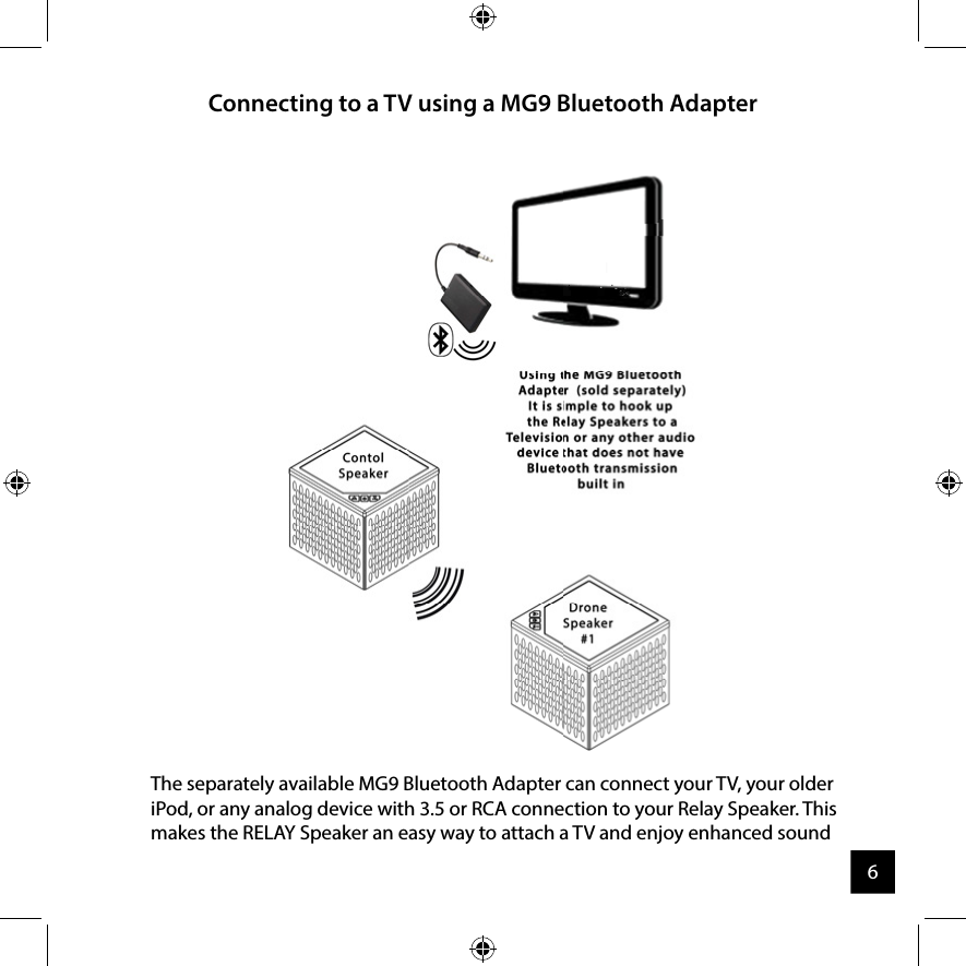 Connecting to a TV using a MG9 Bluetooth AdapterThe separately available MG9 Bluetooth Adapter can connect your TV, your older iPod, or any analog device with 3.5 or RCA connection to your Relay Speaker. This makes the RELAY Speaker an easy way to attach a TV and enjoy enhanced sound6