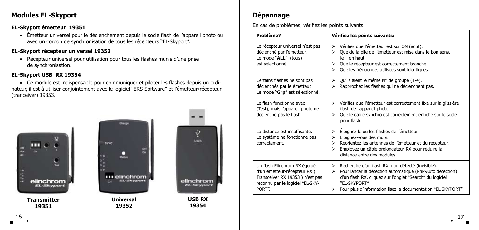 Modules EL-SkyportEL-Skyport &eacute;metteur  19351  &bull;  &Eacute;metteur universel pour le d&eacute;clenchement depuis le socle ash de l&rsquo;appareil photo ou      avec un cordon de synchronisation de tous les r&eacute;cepteurs &ldquo;EL-Skyport&rdquo;.EL-Skyport r&eacute;cepteur universel 19352  &bull;  R&eacute;cepteur universel pour utilisation pour tous les ashes munis d&rsquo;une prise     de synchronisation.EL-Skyport USB  RX 19354  &bull;  Ce module est indispensable pour communiquer et piloter les ashes depuis un ordi-nateur, il est &agrave; utiliser conjointement avec le logiciel &ldquo;ERS-Software&rdquo; et l&rsquo;&eacute;metteur/r&eacute;cepteur (tranceiver) 19353.D&eacute;pannageEn cas de probl&egrave;mes, v&eacute;riez les points suivants:Probl&egrave;me? V&eacute;riez les points suivants:Le r&eacute;cepteur universel n&rsquo;est pas d&eacute;clench&eacute; par l&rsquo;&eacute;metteur.Le mode &ldquo;ALL&rdquo;  (tous)est s&eacute;lectionn&eacute;.&Oslash;V&eacute;riez que l&rsquo;&eacute;metteur est sur ON (actif).&Oslash;Que de la pile de l&rsquo;&eacute;metteur est mise dans le bon sens,       le &ndash; en haut.&Oslash;Que le r&eacute;cepteur est correctement branch&eacute;.&Oslash;Que les fr&eacute;quences utilis&eacute;es sont identiques. Certains ashes ne sont pas d&eacute;clench&eacute;s par le &eacute;metteur.Le mode &ldquo;Grp&rdquo; est s&eacute;lectionn&eacute;.&Oslash;   Qu&rsquo;ils aient le m&ecirc;me N&deg; de groupe (1-4).&Oslash;   Rapprochez les ashes qui ne d&eacute;clenchent pas.Le ash fonctionne avec (Test), mais l&rsquo;appareil photo ne d&eacute;clenche pas le ash.&Oslash;V&eacute;riez que l&rsquo;&eacute;metteur est correctement x&eacute; sur la glissi&egrave;re           ash de l&rsquo;appareil photo.&Oslash;Que le c&acirc;ble synchro est correctement ench&eacute; sur le socle        pour ash.La distance est insufsante.  Le syst&egrave;me ne fonctionne pas correctement.&Oslash;&Eacute;loignez le ou les ashes de l&rsquo;&eacute;metteur.&Oslash;Eloignez-vous des murs.&Oslash;R&eacute;orientez les antennes de l&rsquo;&eacute;metteur et du r&eacute;cepteur. &Oslash;Employez un c&acirc;ble prolongateur RX pour r&eacute;duire la       distance entre des modules.Un ash Elinchrom RX &eacute;quip&eacute; d&rsquo;un &eacute;metteur-r&eacute;cepteur RX ( Transceiver RX 19353 ) n&rsquo;est pas reconnu par le logiciel &ldquo;EL-SKY-PORT&rdquo;.&Oslash;Recherche d&rsquo;un ash RX, non d&eacute;tect&eacute; (invisible).&Oslash;Pour lancer la d&eacute;tection automatique (PnP-Auto detection)         d&rsquo;un ash RX, cliquez sur l&rsquo;onglet &ldquo;Search&rdquo; du logiciel       &ldquo;EL-SKYPORT&rdquo;&Oslash;Pour plus d&rsquo;information lisez la documentation &ldquo;EL-SKYPORT&rdquo;Universal19352USB RX19354Transmitter 1935116 17
