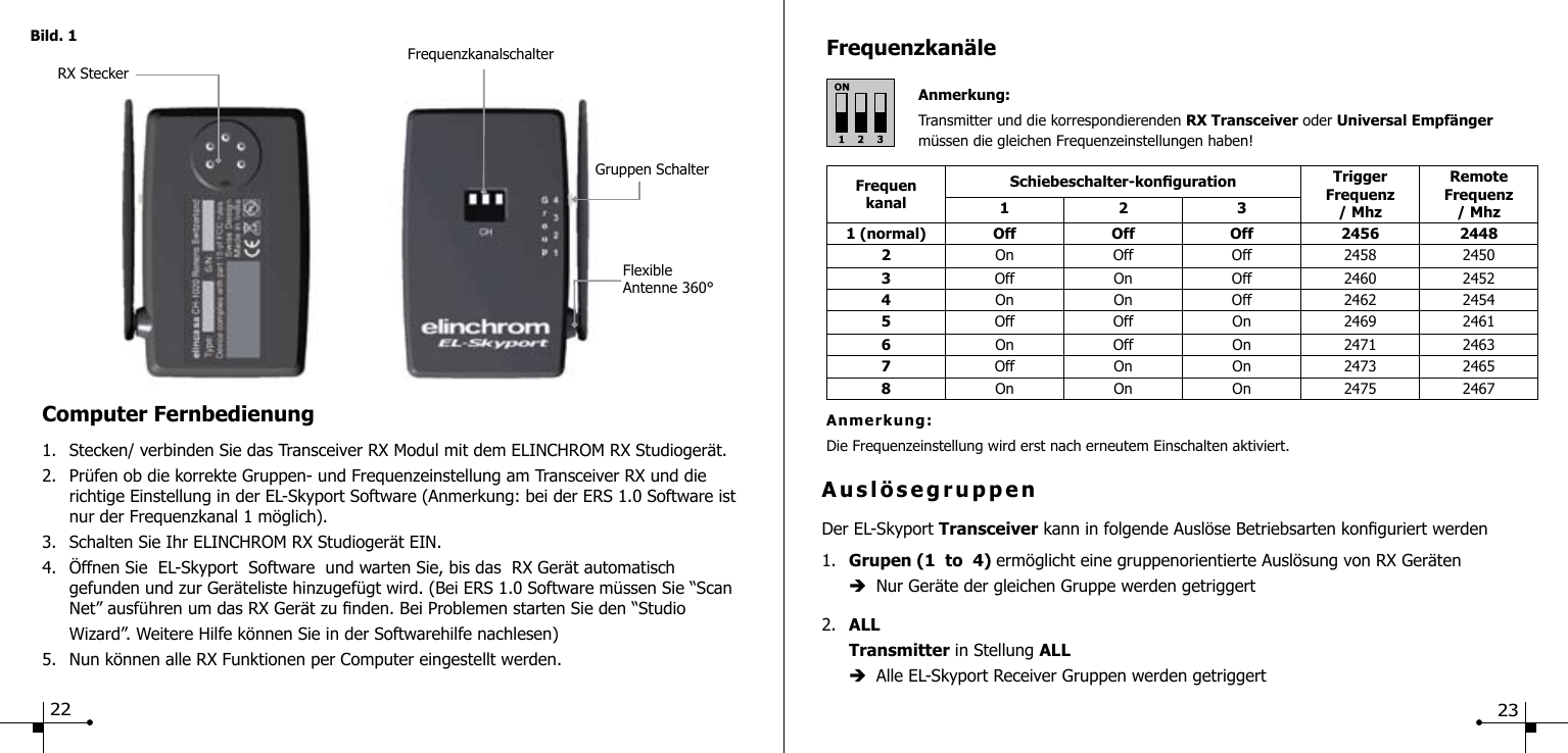 Bild. 1RX SteckerFrequenzkanalschalterGruppen SchalterFlexible Antenne 360&deg;Computer Fernbedienung 1.  Stecken/ verbinden Sie das Transceiver RX Modul mit dem ELINCHROM RX Studioger&auml;t.2.  Pr&uuml;fen ob die korrekte Gruppen- und Frequenzeinstellung am Transceiver RX und die      richtige Einstellung in der EL-Skyport Software (Anmerkung: bei der ERS 1.0 Software ist    nur der Frequenzkanal 1 m&ouml;glich).3.  Schalten Sie Ihr ELINCHROM RX Studioger&auml;t EIN.4.  &Ouml;ffnen Sie  EL-Skyport  Software  und warten Sie, bis das  RX Ger&auml;t automatisch   gefunden und zur Ger&auml;teliste hinzugef&uuml;gt wird. (Bei ERS 1.0 Software m&uuml;ssen Sie &ldquo;Scan    Net&rdquo; ausf&uuml;hren um das RX Ger&auml;t zu nden. Bei Problemen starten Sie den &ldquo;Studio   Wizard&rdquo;. Weitere Hilfe k&ouml;nnen Sie in der Softwarehilfe nachlesen)5.  Nun k&ouml;nnen alle RX Funktionen per Computer eingestellt werden.Ausl&ouml;segruppenDer EL-Skyport Transceiver kann in folgende Ausl&ouml;se Betriebsarten konguriert werden1.  Grupen (1  to  4) erm&ouml;glicht eine gruppenorientierte Ausl&ouml;sung von RX Ger&auml;ten &egrave;  Nur Ger&auml;te der gleichen Gruppe werden getriggert2.  ALL  Transmitter in Stellung ALL &egrave;  Alle EL-Skyport Receiver Gruppen werden getriggertFrequenzkan&auml;leAnmerkung:Transmitter und die korrespondierenden RX Transceiver oder Universal Empf&auml;nger m&uuml;ssen die gleichen Frequenzeinstellungen haben!Frequenkanal Schiebeschalter-konguration TriggerFrequenz/ MhzRemoteFrequenz/ Mhz1231 (normal) Off Off Off 2456 24482On Off Off 2458 24503Off On Off 2460 24524On  On Off 2462 24545Off Off On 2469 24616On Off On 2471 24637Off On On 2473 24658On On On 2475 2467Anmerkung: Die Frequenzeinstellung wird erst nach erneutem Einschalten aktiviert.22 23