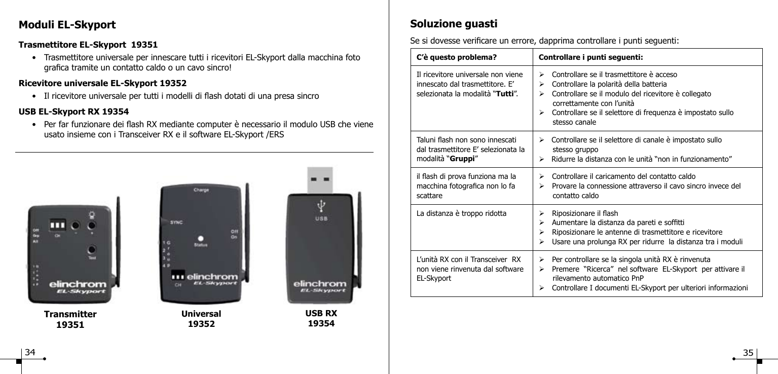 Moduli EL-SkyportTrasmettitore EL-Skyport  19351  &bull;  Trasmettitore universale per innescare tutti i ricevitori EL-Skyport dalla macchina foto      graca tramite un contatto caldo o un cavo sincro!Ricevitore universale EL-Skyport 19352  &bull;  Il ricevitore universale per tutti i modelli di ash dotati di una presa sincroUSB EL-Skyport RX 19354  &bull;  Per far funzionare dei ash RX mediante computer &egrave; necessario il modulo USB che viene      usato insieme con i Transceiver RX e il software EL-Skyport /ERSSoluzione guastiSe si dovesse vericare un errore, dapprima controllare i punti seguenti:C&rsquo;&egrave; questo problema? Controllare i punti seguenti:Il ricevitore universale non viene innescato dal trasmettitore. E&rsquo; selezionata la modalit&agrave; &ldquo;Tutti&rdquo;.&Oslash;Controllare se il trasmettitore &egrave; acceso&Oslash;Controllare la polarit&agrave; della batteria&Oslash;Controllare se il modulo del ricevitore &egrave; collegato       correttamente con l&rsquo;unit&agrave;&Oslash;Controllare se il selettore di frequenza &egrave; impostato sullo       stesso canaleTaluni ash non sono innescati dal trasmettitore E&rsquo; selezionata la modalit&agrave; &ldquo;Gruppi&rdquo;&Oslash;   Controllare se il selettore di canale &egrave; impostato sullo       stesso gruppo&Oslash;   Ridurre la distanza con le unit&agrave; &ldquo;non in funzionamento&rdquo;il ash di prova funziona ma la macchina fotograca non lo fa scattare&Oslash;Controllare il caricamento del contatto caldo&Oslash;Provare la connessione attraverso il cavo sincro invece del                 contatto caldoLa distanza &egrave; troppo ridotta &Oslash;Riposizionare il ash&Oslash;Aumentare la distanza da pareti e softti&Oslash;Riposizionare le antenne di trasmettitore e ricevitore&Oslash;Usare una prolunga RX per ridurre  la distanza tra i moduliL&rsquo;unit&agrave; RX con il Transceiver  RXnon viene rinvenuta dal software EL-Skyport&Oslash;Per controllare se la singola unit&agrave; RX &egrave; rinvenuta&Oslash;Premere  &ldquo;Ricerca&rdquo;  nel software  EL-Skyport  per attivare il         rilevamento automatico PnP&Oslash;Controllare I documenti EL-Skyport per ulteriori informazioniUniversal19352USB RX19354Transmitter 1935134 35