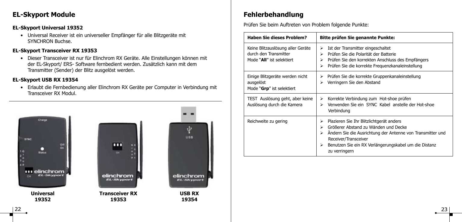 EL-Skyport ModuleEL-Skyport Universal 19352  &bull;  Universal Receiver ist ein universeller Empf&auml;nger f&uuml;r alle Blitzger&auml;te mit     SYNCHRON Buchse.EL-Skyport Transceiver RX 19353  &bull;  Dieser Transceiver ist nur f&uuml;r Elinchrom RX Ger&auml;te. Alle Einstellungen k&ouml;nnen mit        der EL-Skyport/ ERS- Software fernbedient werden. Zus&auml;tzlich kann mit dem        Transmitter (Sender) der Blitz ausgel&ouml;st werden.EL-Skyport USB RX 19354  &bull;  Erlaubt die Fernbedienung aller Elinchrom RX Ger&auml;te per Computer in Verbindung mit      Transceiver RX Modul.FehlerbehandlungPr&uuml;fen Sie beim Auftreten von Problem folgende Punkte:Haben Sie dieses Problem? Bitte pr&uuml;fen Sie genannte Punkte:Keine Blitzausl&ouml;sung aller Ger&auml;te durch den TransmitterMode &ldquo;All&rdquo; ist selektiert&Oslash;Ist der Transmitter eingeschaltet&Oslash;Pr&uuml;fen Sie die Polarit&auml;t der Batterie&Oslash;Pr&uuml;fen Sie den korrekten Anschluss des Empf&auml;ngers&Oslash;Pr&uuml;fen Sie die korrekte FrequenzkanaleinstellungEinige Blitzger&auml;te werden nicht ausgel&ouml;stMode &ldquo;Grp&rdquo; ist selektiert&Oslash;   Pr&uuml;fen Sie die korrekte Gruppenkanaleinstellung&Oslash;   Verringern Sie den AbstandTEST  Ausl&ouml;sung geht, aber keine Ausl&ouml;sung durch die Kamera&Oslash;Korrekte Verbindung zum  Hot-shoe pr&uuml;fen&Oslash;Verwenden Sie ein  SYNC  Kabel  anstelle der Hot-shoe        VerbindungReichweite zu gering &Oslash;Plazieren Sie Ihr Blitzlichtger&auml;t anders&Oslash;Gr&ouml;&szlig;erer Abstand zu W&auml;nden und Decke&Oslash;&Auml;ndern Sie die Ausrichtung der Antenne von Transmitter und        Receiver/Transceiver&Oslash;Benutzen Sie ein RX Verl&auml;ngerungskabel um die Distanz       zu verringernUniversal19352Transceiver RX19353USB RX1935422 23