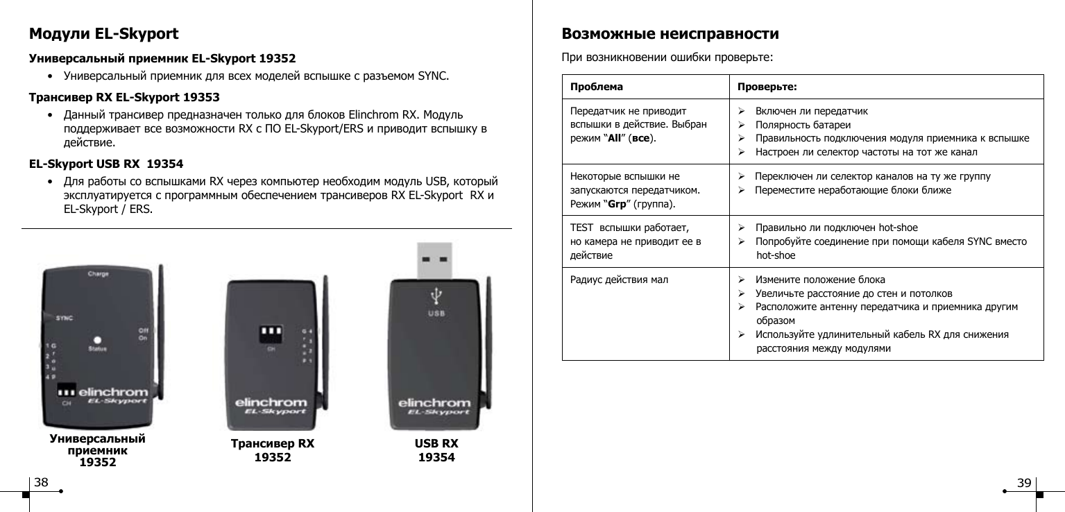 Модули EL-SkyportУниверсальный приемник EL-Skyport 19352  &bull;  Универсальный приемник для всех моделей вспышке с разъемом SYNC.Трансивер RX EL-Skyport 19353  &bull;  Данный трансивер предназначен только для блоков Elinchrom RX. Модуль        поддерживает все возможности RX с ПО EL-Skyport/ERS и приводит вспышку в        действие.EL-Skyport USB RX  19354  &bull;  Для работы со вспышками RX через компьютер необходим модуль USB, который      эксплуатируется с программным обеспечением трансиверов RX EL-Skyport  RX и      EL-Skyport / ERS.Возможные неисправностиПри возникновении ошибки проверьте:Проблема Проверьте:Передатчик не приводит вспышки в действие. Выбран режим &ldquo;All&rdquo; (все).&Oslash;Включен ли передатчик&Oslash;Полярность батареи&Oslash;Правильность подключения модуля приемника к вспышке&Oslash;Настроен ли селектор частоты на тот же каналНекоторые вспышки не запускаются передатчиком. Режим &ldquo;Grp&rdquo; (группа).&Oslash;   Переключен ли селектор каналов на ту же группу&Oslash;   Переместите неработающие блоки ближеTEST  вспышки работает, но камера не приводит ее в действие&Oslash;Правильно ли подключен hot-shoe&Oslash;Попробуйте соединение при помощи кабеля SYNC вместо       hot-shoeРадиус действия мал &Oslash;Измените положение блока&Oslash;Увеличьте расстояние до стен и потолков &Oslash;Расположите антенну передатчика и приемника другим          образом&Oslash;Используйте удлинительный кабель RX для снижения          расстояния между модулямиТрансивер RX 19352USB RX19354Универсальный приемник 1935238 39