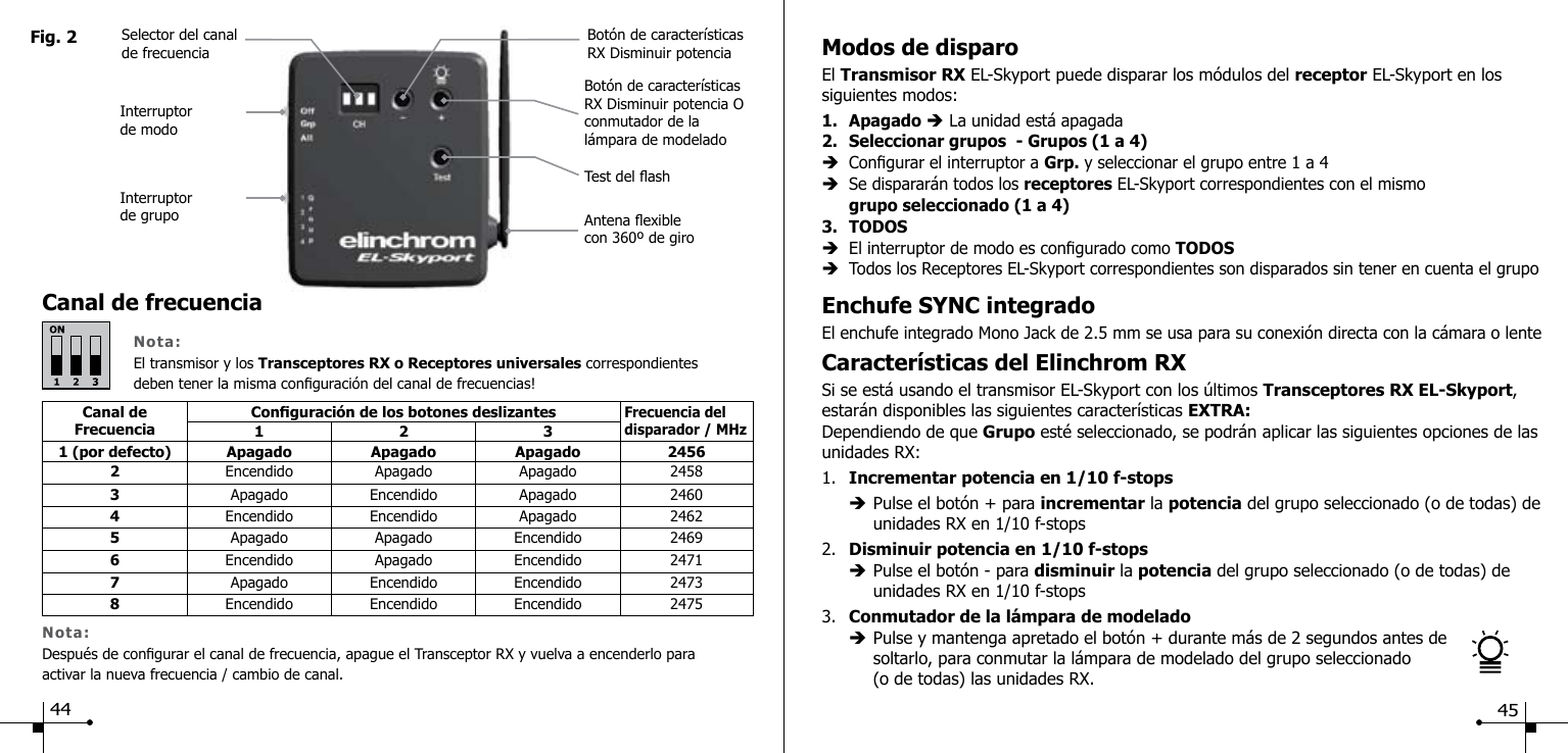 Canal de frecuenciaNota:El transmisor y los Transceptores RX o Receptores universales correspondientes deben tener la misma conguraci&oacute;n del canal de frecuencias!Fig. 2Antena exible con 360&ordm; de giroTest del ashBot&oacute;n de caracter&iacute;sticas RX Disminuir potencia O conmutador de la l&aacute;mpara de modeladoBot&oacute;n de caracter&iacute;sticas RX Disminuir potenciaSelector del canal de frecuenciaInterruptor de modoInterruptor de grupoCanal de FrecuenciaConguraci&oacute;n de los botones deslizantesFrecuencia del disparador / MHz1 2 31 (por defecto) Apagado Apagado Apagado 24562Encendido Apagado Apagado 24583Apagado Encendido Apagado 24604Encendido  Encendido Apagado 24625Apagado Apagado Encendido 24696Encendido Apagado Encendido 24717Apagado Encendido Encendido 24738Encendido Encendido Encendido 2475Nota:Despu&eacute;s de congurar el canal de frecuencia, apague el Transceptor RX y vuelva a encenderlo para activar la nueva frecuencia / cambio de canal.Modos de disparoEl Transmisor RX EL-Skyport puede disparar los m&oacute;dulos del receptor EL-Skyport en los siguientes modos:1. Apagado &egrave; La unidad est&aacute; apagada2.  Seleccionar grupos  - Grupos (1 a 4)&egrave;  Congurar el interruptor a Grp. y seleccionar el grupo entre 1 a 4 &egrave;  Se disparar&aacute;n todos los receptores EL-Skyport correspondientes con el mismo  grupo seleccionado (1 a 4)3.  TODOS&egrave;  El interruptor de modo es congurado como TODOS&egrave;  Todos los Receptores EL-Skyport correspondientes son disparados sin tener en cuenta el grupoEnchufe SYNC integradoEl enchufe integrado Mono Jack de 2.5 mm se usa para su conexi&oacute;n directa con la c&aacute;mara o lenteCaracter&iacute;sticas del Elinchrom RXSi se est&aacute; usando el transmisor EL-Skyport con los &uacute;ltimos Transceptores RX EL-Skyport, estar&aacute;n disponibles las siguientes caracter&iacute;sticas EXTRA:Dependiendo de que Grupo est&eacute; seleccionado, se podr&aacute;n aplicar las siguientes opciones de las unidades RX:1.  Incrementar potencia en 1/10 f-stops  &egrave; Pulse el bot&oacute;n + para incrementar la potencia del grupo seleccionado (o de todas) de      unidades RX en 1/10 f-stops2.  Disminuir potencia en 1/10 f-stops &egrave; Pulse el bot&oacute;n - para disminuir la potencia del grupo seleccionado (o de todas) de      unidades RX en 1/10 f-stops3.  Conmutador de la l&aacute;mpara de modelado &egrave; Pulse y mantenga apretado el bot&oacute;n + durante m&aacute;s de 2 segundos antes de     soltarlo, para conmutar la l&aacute;mpara de modelado del grupo seleccionado     (o de todas) las unidades RX.44 45