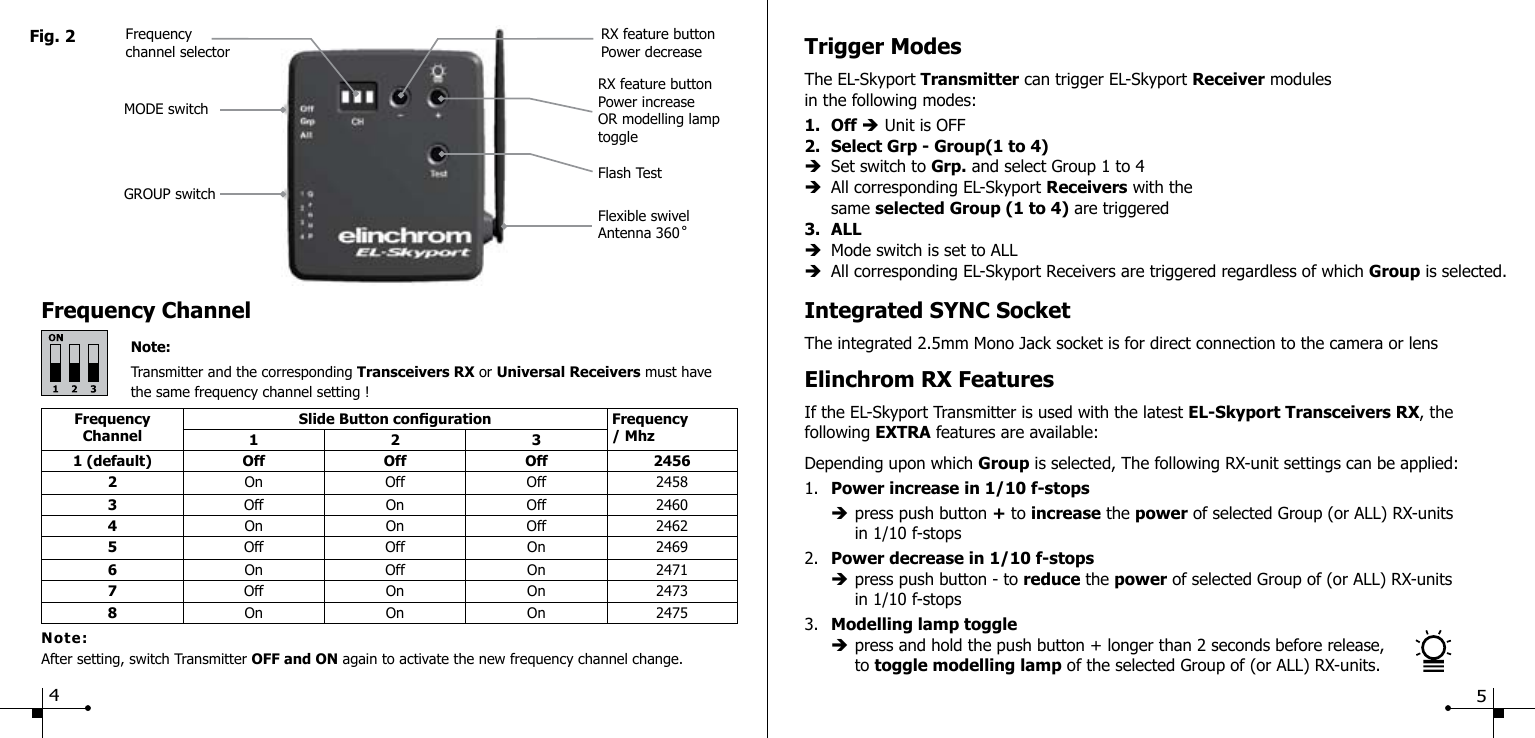 Trigger ModesThe EL-Skyport Transmitter can trigger EL-Skyport Receiver modules in the following modes:1. Off &egrave; Unit is OFF2.  Select Grp - Group(1 to 4)&egrave;  Set switch to Grp. and select Group 1 to 4 &egrave;  All corresponding EL-Skyport Receivers with the   same selected Group (1 to 4) are triggered3.  ALL&egrave;  Mode switch is set to ALL&egrave;  All corresponding EL-Skyport Receivers are triggered regardless of which Group is selected.Integrated SYNC SocketThe integrated 2.5mm Mono Jack socket is for direct connection to the camera or lensElinchrom RX FeaturesIf the EL-Skyport Transmitter is used with the latest EL-Skyport Transceivers RX, the following EXTRA features are available:Depending upon which Group is selected, The following RX-unit settings can be applied:1.  Power increase in 1/10 f-stops  &egrave; press push button + to increase the power of selected Group (or ALL) RX-units     in 1/10 f-stops2.  Power decrease in 1/10 f-stops &egrave; press push button - to reduce the power of selected Group of (or ALL) RX-units     in 1/10 f-stops3.  Modelling lamp toggle &egrave; press and hold the push button + longer than 2 seconds before release,     to toggle modelling lamp of the selected Group of (or ALL) RX-units.Frequency ChannelNote:Transmitter and the corresponding Transceivers RX or Universal Receivers must have the same frequency channel setting !Fig. 2Flexible swivelAntenna 360 ̊Flash TestRX feature buttonPower increaseOR modelling lamptoggleRX feature buttonPower decreaseFrequencychannel selectorMODE switchGROUP switchFrequencyChannelSlide Button conguration Frequency/ Mhz1231 (default) Off Off Off 24562On Off Off 24583Off On Off 24604On  On Off 24625Off Off On 24696On Off On 24717Off On On 24738On On On 2475Note:After setting, switch Transmitter OFF and ON again to activate the new frequency channel change.45