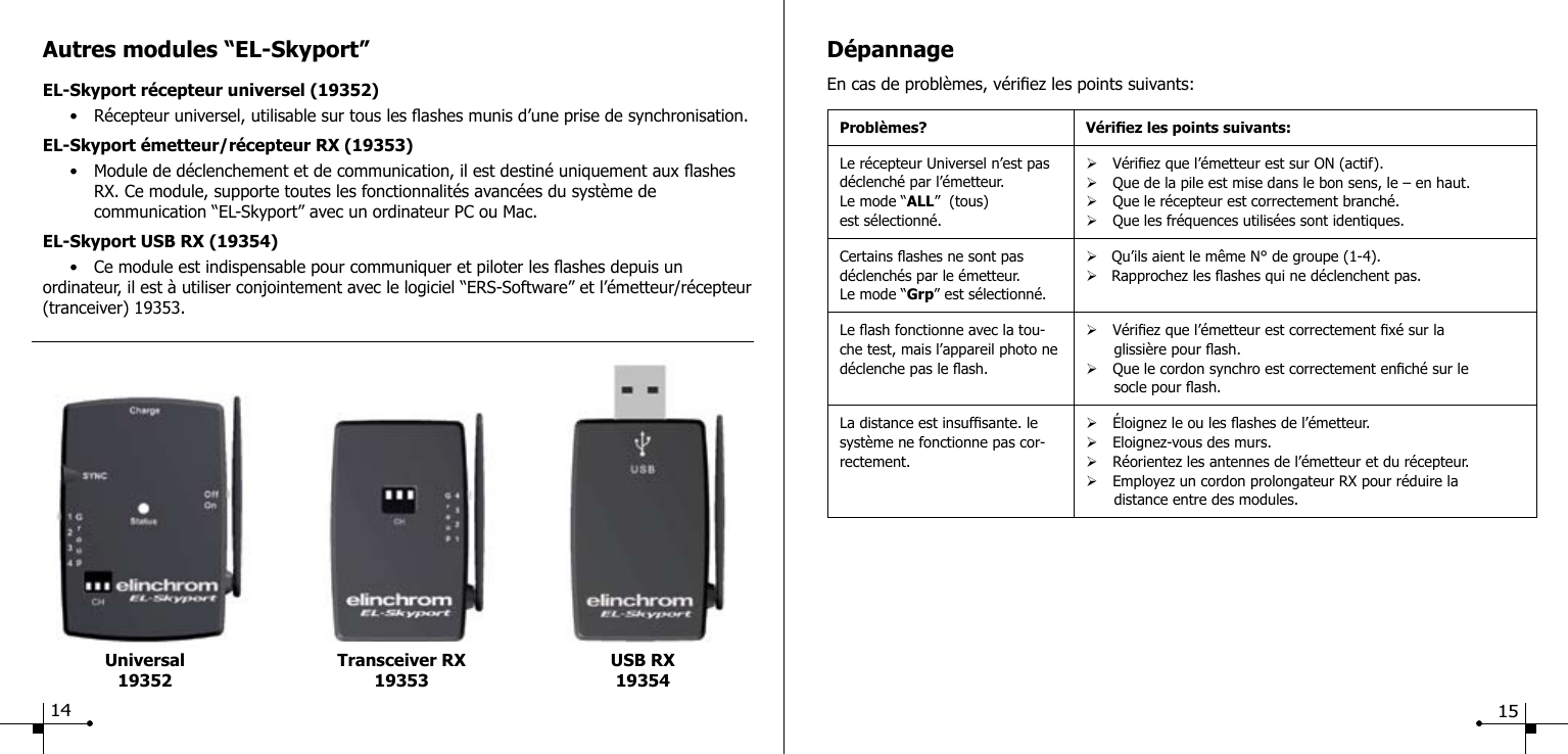D&eacute;pannageEn cas de probl&egrave;mes, v&eacute;riez les points suivants:Probl&egrave;mes? V&eacute;riez les points suivants:Le r&eacute;cepteur Universel n&rsquo;est pas d&eacute;clench&eacute; par l&rsquo;&eacute;metteur.Le mode &ldquo;ALL&rdquo;  (tous)est s&eacute;lectionn&eacute;.&Oslash;V&eacute;riez que l&rsquo;&eacute;metteur est sur ON (actif).&Oslash;Que de la pile est mise dans le bon sens, le &ndash; en haut.&Oslash;Que le r&eacute;cepteur est correctement branch&eacute;.&Oslash;Que les fr&eacute;quences utilis&eacute;es sont identiques.Certains ashes ne sont pas d&eacute;clench&eacute;s par le &eacute;metteur.Le mode &ldquo;Grp&rdquo; est s&eacute;lectionn&eacute;.&Oslash;   Qu&rsquo;ils aient le m&ecirc;me N&deg; de groupe (1-4).&Oslash;   Rapprochez les ashes qui ne d&eacute;clenchent pas.Le ash fonctionne avec la tou-che test, mais l&rsquo;appareil photo ne d&eacute;clenche pas le ash.&Oslash;V&eacute;riez que l&rsquo;&eacute;metteur est correctement x&eacute; sur la       glissi&egrave;re pour ash.&Oslash;Que le cordon synchro est correctement ench&eacute; sur le       socle pour ash.La distance est insufsante. le syst&egrave;me ne fonctionne pas cor-rectement.&Oslash;&Eacute;loignez le ou les ashes de l&rsquo;&eacute;metteur.&Oslash;Eloignez-vous des murs.&Oslash;R&eacute;orientez les antennes de l&rsquo;&eacute;metteur et du r&eacute;cepteur. &Oslash;Employez un cordon prolongateur RX pour r&eacute;duire la       distance entre des modules.Autres modules &ldquo;EL-Skyport&rdquo;EL-Skyport r&eacute;cepteur universel (19352)  &bull;  R&eacute;cepteur universel, utilisable sur tous les ashes munis d&rsquo;une prise de synchronisation.EL-Skyport &eacute;metteur/r&eacute;cepteur RX (19353)  &bull;  Module de d&eacute;clenchement et de communication, il est destin&eacute; uniquement aux ashes      RX. Ce module, supporte toutes les fonctionnalit&eacute;s avanc&eacute;es du syst&egrave;me de     communication &ldquo;EL-Skyport&rdquo; avec un ordinateur PC ou Mac.EL-Skyport USB RX (19354)  &bull;  Ce module est indispensable pour communiquer et piloter les ashes depuis un ordinateur, il est &agrave; utiliser conjointement avec le logiciel &ldquo;ERS-Software&rdquo; et l&rsquo;&eacute;metteur/r&eacute;cepteur (tranceiver) 19353.Universal19352Transceiver RX19353USB RX1935414 15