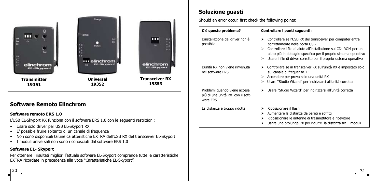 Software Remoto Elinchrom Software remoto ERS 1.0 L&rsquo;USB EL-Skyport RX funziona con il software ERS 1.0 con le seguenti restrizioni:&bull;  Usare solo driver per USB EL-Skyport RX &bull;  E&rsquo; possible fruire soltanto di un canale di frequenza&bull;  Non sono disponibili talune caratteristiche EXTRA dell&rsquo;USB RX del transceiver EL-Skyport&bull;  I moduli universali non sono riconosciuti dal software ERS 1.0Software EL- Skyport Per ottenere i risultati migliori l&rsquo;attuale software EL-Skyport comprende tutte le caratteristiche EXTRA ricordate in precedenza alla voce &ldquo;Caratteristiche EL-Skyport&rdquo;.Universal19352Transmitter 19351Transceiver RX19353Soluzione guastiShould an error occur, rst check the following points:C&rsquo;&egrave; questo problema? Controllare i punti seguenti:L&rsquo;installazione del driver non &egrave; possibile&Oslash; Controllare se l&rsquo;USB RX del transceiver per computer entra         correttamente nella porta USB&Oslash; Controllare i le di aiuto all&rsquo;installazione sul CD- ROM per un         aiuto pi&ugrave; in dettaglio specico per il proprio sistema operativo&Oslash; Usare il le di driver corretto per il proprio sistema operativoL&rsquo;unit&agrave; RX non viene rinvenuta nel software ERS&Oslash;   Controllare se in transceiver RX sull&rsquo;unit&agrave; RX &egrave; impostato solo        sul canale di frequenza 1 !&Oslash;   Accendere per prova solo una unit&agrave; RX&Oslash;   Usare &ldquo;Studio Wizard&rdquo; per indirizzarsi all&rsquo;unit&agrave; correttaProblemi quando viene accesa pi&ugrave; di una unit&agrave; RX  con il soft-ware ERS &Oslash; Usare &ldquo;Studio Wizard&rdquo; per indirizzarsi all&rsquo;unit&agrave; correttaLa distanza &egrave; troppo ridotta &Oslash; Riposizionare il ash&Oslash; Aumentare la distanza da pareti e softti&Oslash; Riposizionare le antenne di trasmettitore e ricevitore&Oslash; Usare una prolunga RX per ridurre  la distanza tra  i moduli30 31