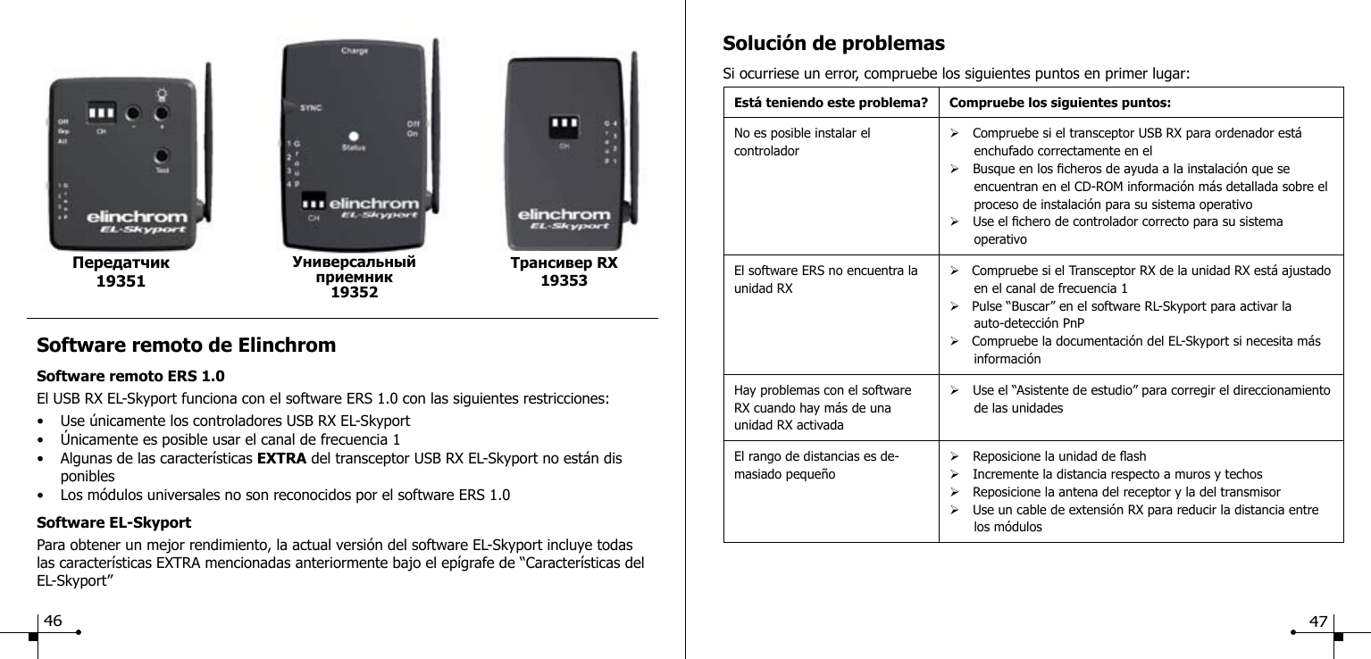 Software remoto de ElinchromSoftware remoto ERS 1.0El USB RX EL-Skyport funciona con el software ERS 1.0 con las siguientes restricciones:&bull;  Use &uacute;nicamente los controladores USB RX EL-Skyport&bull;  &Uacute;nicamente es posible usar el canal de frecuencia 1&bull;  Algunas de las caracter&iacute;sticas EXTRA del transceptor USB RX EL-Skyport no est&aacute;n dis     ponibles&bull;  Los m&oacute;dulos universales no son reconocidos por el software ERS 1.0Software EL-SkyportPara obtener un mejor rendimiento, la actual versi&oacute;n del software EL-Skyport incluye todas las caracter&iacute;sticas EXTRA mencionadas anteriormente bajo el ep&iacute;grafe de &ldquo;Caracter&iacute;sticas del EL-Skyport&rdquo;Универсальный приемник 19352Трансивер RX 19353Передатчик 19351Soluci&oacute;n de problemasSi ocurriese un error, compruebe los siguientes puntos en primer lugar:Est&aacute; teniendo este problema? Compruebe los siguientes puntos:No es posible instalar el controlador&Oslash; Compruebe si el transceptor USB RX para ordenador est&aacute;        enchufado correctamente en el &Oslash; Busque en los cheros de ayuda a la instalaci&oacute;n que se        encuentran en el CD-ROM informaci&oacute;n m&aacute;s detallada sobre el        proceso de instalaci&oacute;n para su sistema operativo&Oslash; Use el chero de controlador correcto para su sistema       operativoEl software ERS no encuentra la unidad RX&Oslash;   Compruebe si el Transceptor RX de la unidad RX est&aacute; ajustado         en el canal de frecuencia 1&Oslash;   Pulse &ldquo;Buscar&rdquo; en el software RL-Skyport para activar la       auto-detecci&oacute;n PnP&Oslash;   Compruebe la documentaci&oacute;n del EL-Skyport si necesita m&aacute;s            informaci&oacute;nHay problemas con el software RX cuando hay m&aacute;s de una unidad RX activada&Oslash; Use el &ldquo;Asistente de estudio&rdquo; para corregir el direccionamiento        de las unidadesEl rango de distancias es de-masiado peque&ntilde;o&Oslash; Reposicione la unidad de ash&Oslash; Incremente la distancia respecto a muros y techos&Oslash; Reposicione la antena del receptor y la del transmisor&Oslash; Use un cable de extensi&oacute;n RX para reducir la distancia entre        los m&oacute;dulos46 47