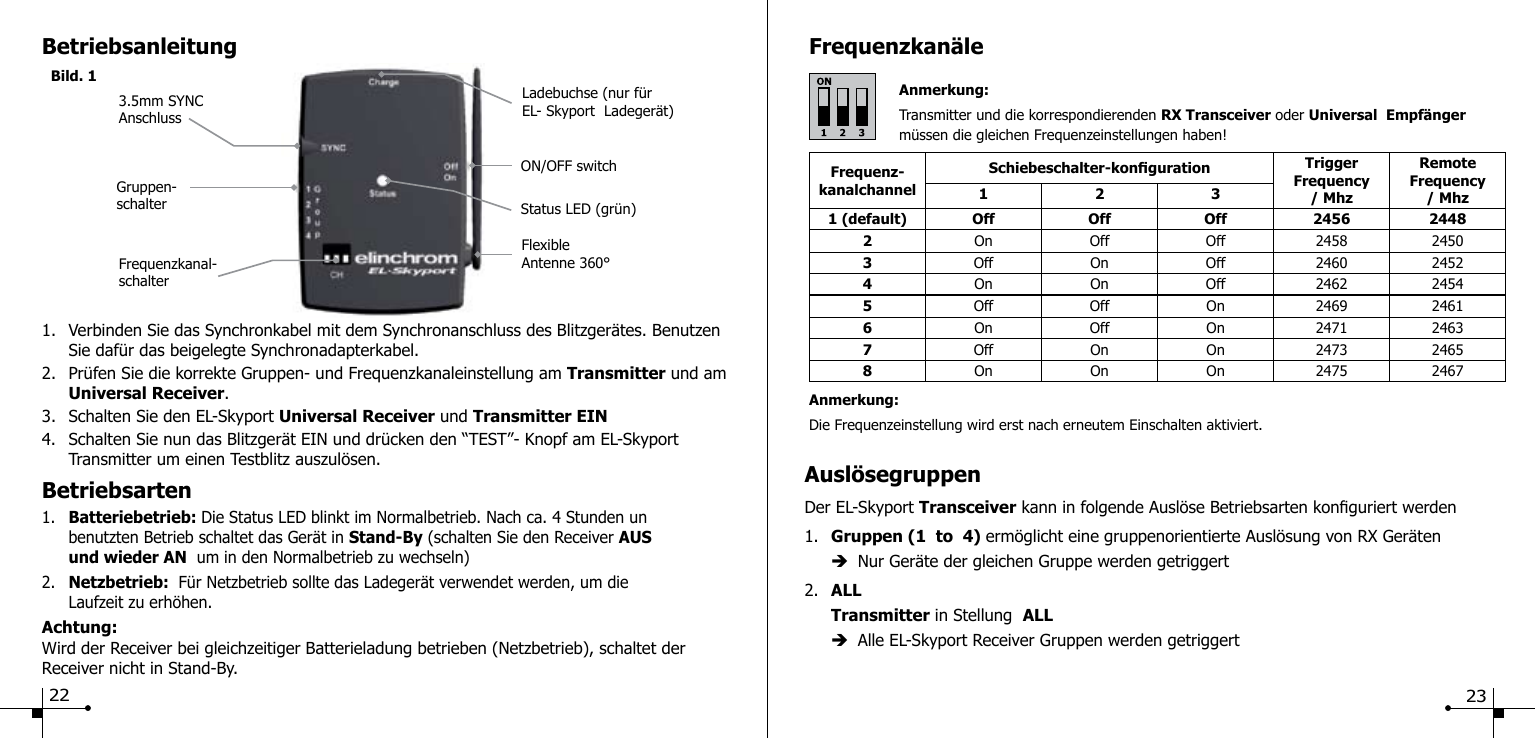      Bild. 13.5mm SYNCAnschlussBetriebsanleitung1.  Verbinden Sie das Synchronkabel mit dem Synchronanschluss des Blitzger&auml;tes. Benutzen    Sie daf&uuml;r das beigelegte Synchronadapterkabel.2.  Pr&uuml;fen Sie die korrekte Gruppen- und Frequenzkanaleinstellung am Transmitter und am   Universal Receiver.3.  Schalten Sie den EL-Skyport Universal Receiver und Transmitter EIN4.  Schalten Sie nun das Blitzger&auml;t EIN und dr&uuml;cken den &ldquo;TEST&rdquo;- Knopf am EL-Skyport      Transmitter um einen Testblitz auszul&ouml;sen.Betriebsarten1.  Batteriebetrieb: Die Status LED blinkt im Normalbetrieb. Nach ca. 4 Stunden un     benutzten Betrieb schaltet das Ger&auml;t in Stand-By (schalten Sie den Receiver AUS      und wieder AN  um in den Normalbetrieb zu wechseln)2.  Netzbetrieb:  F&uuml;r Netzbetrieb sollte das Ladeger&auml;t verwendet werden, um die   Laufzeit zu erh&ouml;hen.Achtung: Wird der Receiver bei gleichzeitiger Batterieladung betrieben (Netzbetrieb), schaltet der Receiver nicht in Stand-By.Frequenzkanal-schalterFlexible Antenne 360&deg;Ladebuchse (nur f&uuml;r EL- Skyport  Ladeger&auml;t)Gruppen-schalterON/OFF switchStatus LED (gr&uuml;n)Frequenzkan&auml;leAnmerkung:Transmitter und die korrespondierenden RX Transceiver oder Universal  Empf&auml;nger m&uuml;ssen die gleichen Frequenzeinstellungen haben!Frequenz-kanalchannelSchiebeschalter-konguration TriggerFrequency/ MhzRemoteFrequency/ Mhz1231 (default) Off Off Off 2456 24482On Off Off 2458 24503Off On Off 2460 24524On  On Off 2462 24545Off Off On 2469 24616On Off On 2471 24637Off On On 2473 24658On On On 2475 2467Anmerkung: Die Frequenzeinstellung wird erst nach erneutem Einschalten aktiviert.Ausl&ouml;segruppenDer EL-Skyport Transceiver kann in folgende Ausl&ouml;se Betriebsarten konguriert werden1.  Gruppen (1  to  4) erm&ouml;glicht eine gruppenorientierte Ausl&ouml;sung von RX Ger&auml;ten &egrave;  Nur Ger&auml;te der gleichen Gruppe werden getriggert2.  ALL  Transmitter in Stellung  ALL &egrave;  Alle EL-Skyport Receiver Gruppen werden getriggert22 23