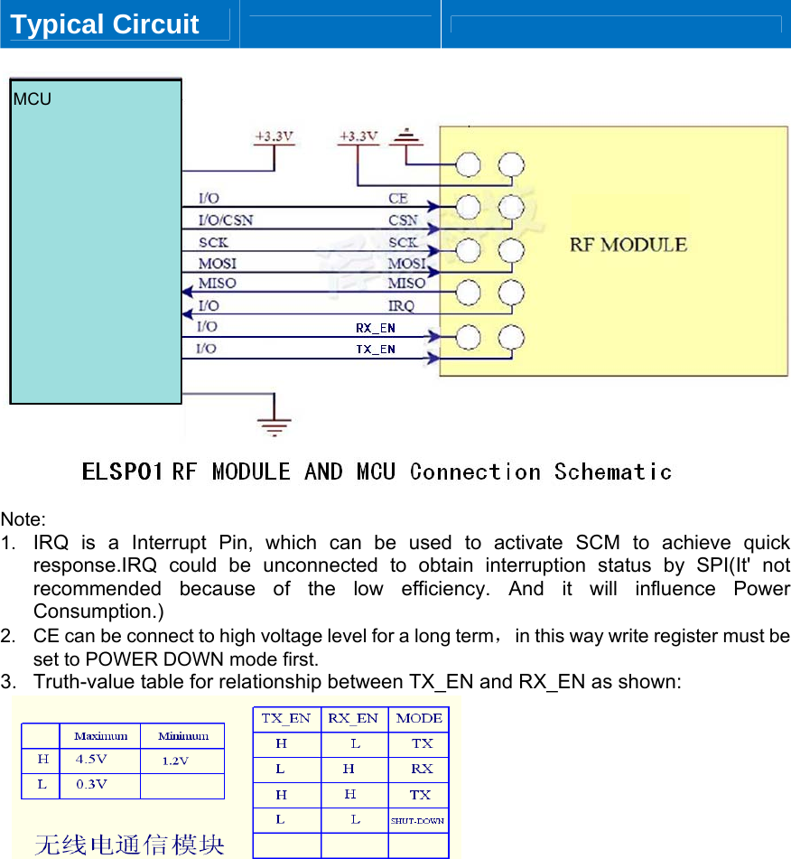 Typical Circuit         Note: 1.  IRQ is a Interrupt Pin, which can be used to activate SCM to achieve quick response.IRQ could be unconnected to obtain interruption status by SPI(It' not recommended because of the low efficiency. And it will influence Power Consumption.) 2.  CE can be connect to high voltage level for a long term，  in this way write register must be set to POWER DOWN mode first. 3.  Truth-value table for relationship between TX_EN and RX_EN as shown:                      MCU