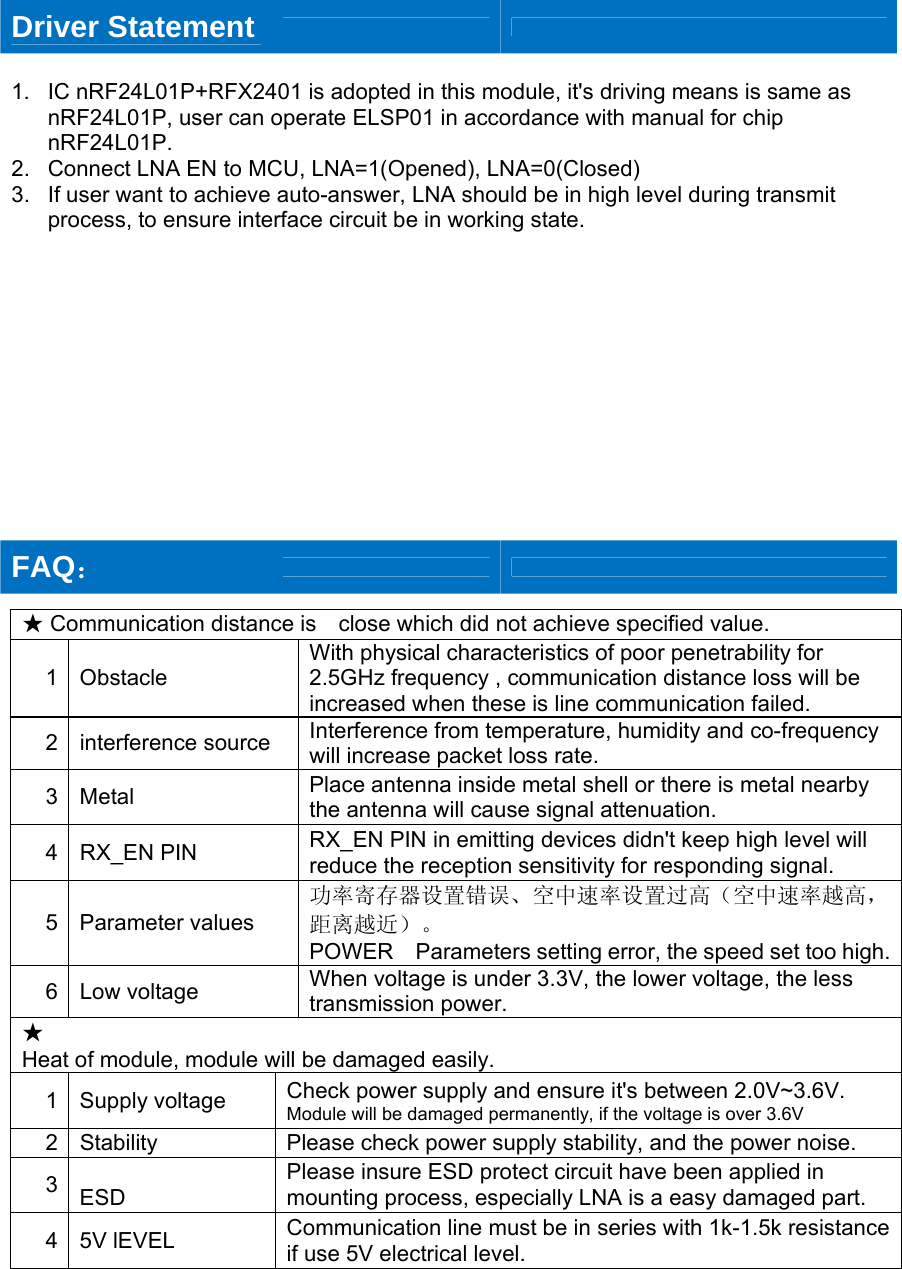 Driver Statement       1.  IC nRF24L01P+RFX2401 is adopted in this module, it's driving means is same as nRF24L01P, user can operate ELSP01 in accordance with manual for chip nRF24L01P.  2.  Connect LNA EN to MCU, LNA=1(Opened), LNA=0(Closed) 3.  If user want to achieve auto-answer, LNA should be in high level during transmit process, to ensure interface circuit be in working state.              FAQ：      ★ Communication distance is    close which did not achieve specified value. 1 Obstacle With physical characteristics of poor penetrability for 2.5GHz frequency , communication distance loss will be increased when these is line communication failed. 2 interference source  Interference from temperature, humidity and co-frequency will increase packet loss rate.   3 Metal  Place antenna inside metal shell or there is metal nearby the antenna will cause signal attenuation. 4 RX_EN PIN  RX_EN PIN in emitting devices didn't keep high level will reduce the reception sensitivity for responding signal. 5 Parameter values 功率寄存器设置错误、空中速率设置过高（空中速率越高，距离越近）。 POWER    Parameters setting error, the speed set too high.6 Low voltage  When voltage is under 3.3V, the lower voltage, the less transmission power. ★ Heat of module, module will be damaged easily. 1 Supply voltage  Check power supply and ensure it's between 2.0V~3.6V.   Module will be damaged permanently, if the voltage is over 3.6V 2  Stability  Please check power supply stability, and the power noise. 3   ESD Please insure ESD protect circuit have been applied in mounting process, especially LNA is a easy damaged part. 4 5V lEVEL  Communication line must be in series with 1k-1.5k resistance if use 5V electrical level.  