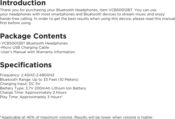 Page 3 of Elita VCB50012BT Chrome and Bright Bluetooth Headphone User Manual VF60018BT Manual