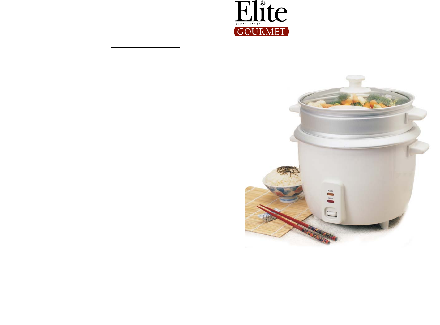 Elite Gourmet ERC-003ST Olla arrocera y vaporera eléctrica MANUAL DE  INSTRUCCIONES