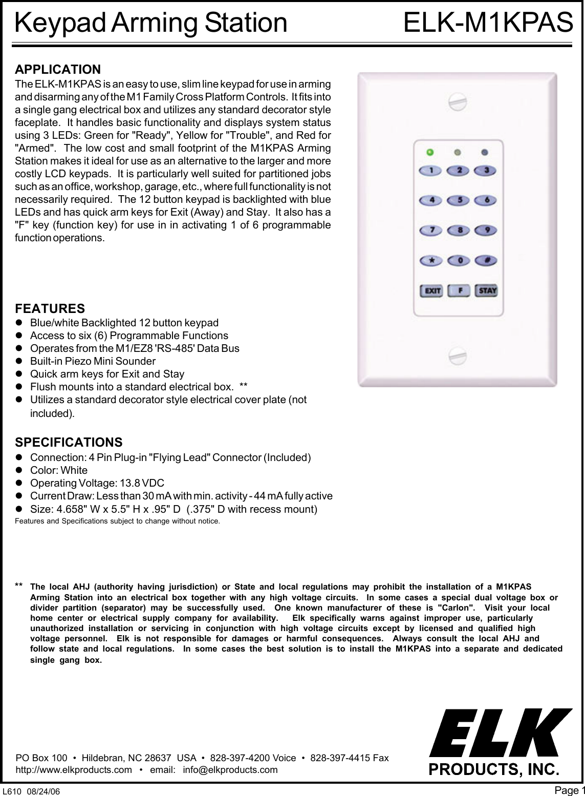 Page 1 of 6 - Elk Elk-Keypad-Arming-Station-M1Kpas-Users-Manual- PD9-instructions  Elk-keypad-arming-station-m1kpas-users-manual
