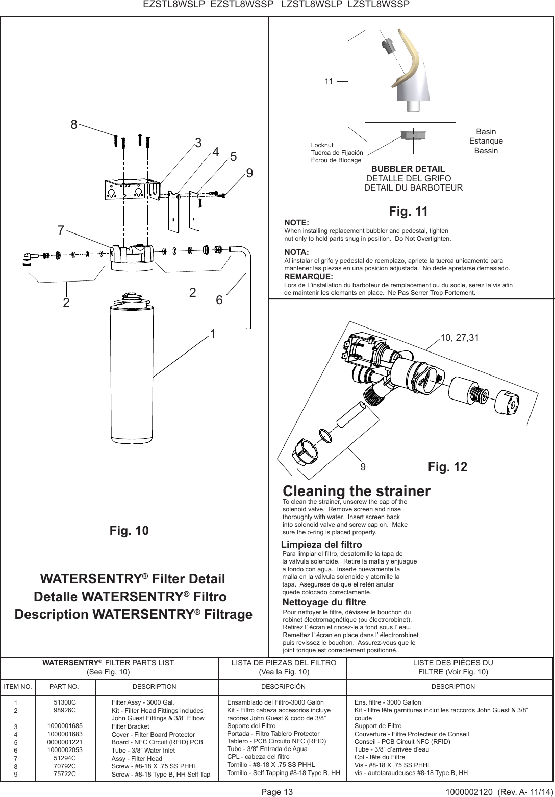 Page 13 1000002120  (Rev. A- 11/14)EZSTL8WSLP  EZSTL8WSSP   LZSTL8WSLP  LZSTL8WSSPDESCRIPTIONITEM NO. PART NO. DESCRIPCI&Oacute;N DESCRIPTIONWATERSENTRY&reg;  FILTER PARTS LIST(See Fig. 10) LISTA DE PIEZAS DEL FILTRO  (Vea la Fig. 10)LISTE DES PI&Egrave;CES DU FILTRE (Voir Fig. 10)WATERSENTRY&reg; Filter DetailDetalle WATERSENTRY&reg; Filtro Description WATERSENTRY&reg; Filtrage 9Cleaning the strainerTo clean the strainer, unscrew the cap of thesolenoid valve.  Remove screen and rinsethoroughly with water.  Insert screen backinto solenoid valve and screw cap on.  Makesure the o-ring is placed properly.Limpieza del ltroPara limpiar el ltro, desatornille la tapa dela v&aacute;lvula solenoide.  Retire la malla y enjuague a fondo con agua.  Inserte nuevamente lamalla en la v&aacute;lvula solenoide y atornille latapa.  Asegurese de que el ret&eacute;n anular quede colocado correctamente.Pour nettoyer le ltre, d&eacute;visser le bouchon durobinet &eacute;lectromagn&eacute;tique (ou &eacute;lectrorobinet).Retirez l&rsquo; &eacute;cran et rincez-le &aacute; fond sous l&rsquo; eau.Remettez l&rsquo; &eacute;cran en place dans l&rsquo; &eacute;lectrorobinetpuis revissez le bouchon.  Assurez-vous que le joint torique est correctement positionn&eacute;.Nettoyage du ltreFig. 1210, 27,31NOTE:When installing replacement bubbler and pedestal, tightennut only to hold parts snug in position.  Do Not Overtighten.NOTA:Al instalar el grifo y pedestal de reemplazo, apriete la tuerca unicamente para mantener las piezas en una posicion adjustada.  No dede apretarse demasiado.REMARQUE:Lors de L&rsquo;installation du barboteur de remplacement ou du socle, serez la vis an de maintenir les elemants en place.  Ne Pas Serrer Trop Fortement.11Fig. 11BasinEstanqueBassinLocknutTuerca de Fijaci&oacute;n&Eacute;crou de Blocage1223Fig. 10Filter Assy - 3000 Gal.Kit - Filter Head Fittings includes John Guest Fittings &amp; 3/8&rdquo; ElbowFilter BracketCover - Filter Board ProtectorBoard - NFC Circuit (RFID) PCBTube - 3/8&rdquo; Water Inlet Assy - Filter HeadScrew - #8-18 X .75 SS PHHLScrew - #8-18 Type B, HH Self Tap51300C98926C100000168510000016830000001221100000205351294C70792C75722C123456789Ensamblado del Filtro-3000 Gal&oacute;nKit - Filtro cabeza accesorios incluye racores John Guest &amp; codo de 3/8&rdquo; Soporte del FiltroPortada - Filtro Tablero ProtectorTablero - PCB Circuito NFC (RFID)Tubo - 3/8&rdquo; Entrada de AguaCPL - cabeza del ltroTornillo - #8-18 X .75 SS PHHLTornillo - Self Tapping #8-18 Type B, HHEns. ltre - 3000 GallonKit - ltre t&ecirc;te garnitures inclut les raccords John Guest &amp; 3/8&rdquo; coudeSupport de FiltreCouverture - Filtre Protecteur de ConseilConseil - PCB Circuit NFC (RFID) Tube - 3/8&rdquo; d&rsquo;arriv&eacute;e d&rsquo;eauCpl - t&ecirc;te du FiltreVis - #8-18 X .75 SS PHHLvis - autotaraudeuses #8-18 Type B, HH456789BUBBLER DETAILDETALLE DEL GRIFODETAIL DU BARBOTEUR