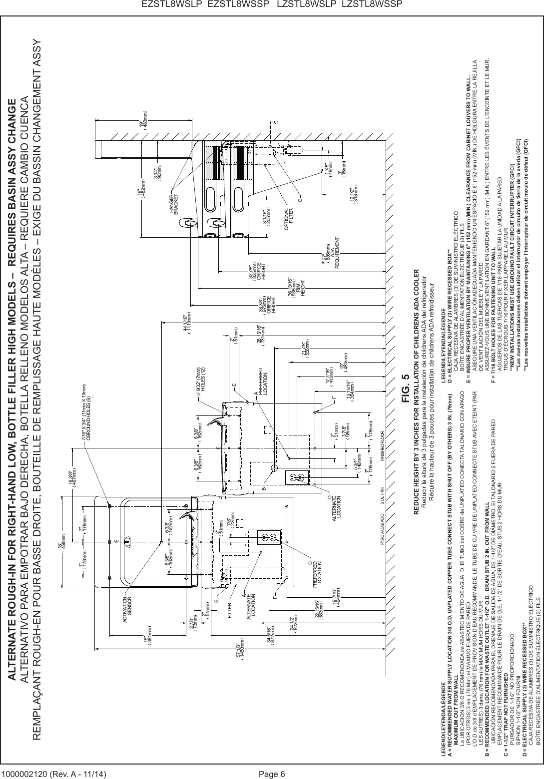 Page 6EZSTL8WSLP  EZSTL8WSSP   LZSTL8WSLP  LZSTL8WSSP1000002120 (Rev. A - 11/14)CLCLFINISHED FLOOR15"381mm2"51mm28 13/16"731mm13 15/16"354mm2"51mm3 7/8"98mm5 3/4"146mm7"178mm 7"178mm17 7/16"443mm19"483mm21 7/8"556mm34 5/16"872mm57 1/8"1450mm7"178mm 7"178mm18"458mm12 1/2"318mm27"686mmADAREQUIREMENT36 13/16"936mmRIMHEIGHT38 3/8"975mmORIFICEHEIGHT19"482mm3 1/2"90mm19"483mm7/16" X 3/4" (11mm X 19mm)OBROUND HOLES (6)APREFERREDLOCATIONBDALTERNATELOCATION*8 1/16"205mmCHANGERBRACKETOPTIONALFILTER32 7/8"835mmORIFICEHEIGHTEFF19 7/16"494mm2"51mm22 15/16"583mm24 1/2"622mm2"51mm7/8"22mm18 3/8"467mm6 3/8"162mm6 3/8"162mmAALTERNATELOCATIONEFILTER44 1/16"1119mmACTIVATIONSENSOR1 7/8"48mm3"76mm2 7/8"73mmDPREFERREDLOCATION6 3/8"162mm6 3/8"162mm O 9/32" (7mm)HOLES (12)LEGEND/LEYENDA/L&Eacute;GENDEA = RECOMMENDED WATER SUPPLY LOCATION 3/8 O.D. UNPLATED COPPER TUBE CONNECT STUB WITH SHUT OFF (BY OTHERS) 3 IN. (76mm) MAXIMUM OUT FROM WALL  La UBICACION 3/8 O RECOMENDADA de ABASTECIMIENTO DE AGUA. D. El TUBO del COBRE de UNPLATED CONECTA TALONARIO CON APAGO (POR OTROS) 3 en. (76 Mm) el MAXIMO FUERA DE PARED       L&rsquo;O.D de 3/8 d&rsquo;EMPLACEMENT DE PROVISION D&rsquo;EAU RECOMMANDE. LE TUBE DE CUIVRE DE UNPLATED CONNECTE STUB AVEC ETEINT (PAR LES AUTRES) 3 dans. (76 mm) le MAXIMUM HORS DU MURB = RECOMMENDED LOCATION FOR WASTE OUTLET 1-1/2&rdquo; O.D.  DRAIN STUB 2 IN. OUT FROM WALL UBICACI&Oacute;N RECOMENDADA PARA EL DRENAJE DE SALIDA DE AGUA, DE 1-1/2&rdquo; DE DI&Aacute;METRO. El TALONARIO 2 FUERA DE PAREDEMPLACEMENT RECOMMAND&Eacute; POUR LE DRAIN DE D.E. 1-1/2&rdquo; DE SORTIE D&rsquo;EAU. STUB 2 HORS DU MURC = 1-1/2&rdquo; TRAP NOT FURNISHEDPURGADOR DE 1-1/2&rdquo; NO PROPORCIONADOSIPHON 1-1/2&rdquo; NON FOURNID = ELECTRICAL SUPPLY (3) WIRE RECESSED BOX**CAJA RECESIVA DE ALAMBRES (3) DE SUMINISTRO EL&Eacute;CTRICOBO&Icirc;TE ENCASTR&Eacute;E D&rsquo;ALIMENTATION &Eacute;LECTRIQUE (3) FILSLEGEND/LEYENDA/L&Eacute;GENDED = ELECTRICAL SUPPLY (3) WIRE RECESSED BOX**CAJA RECESIVA DE ALAMBRES (3) DE SUMINISTRO EL&Eacute;CTRICOBO&Icirc;TE ENCASTR&Eacute;E D&rsquo;ALIMENTATION &Eacute;LECTRIQUE (3) FILSE = INSURE PROPER VENTILATION BY MAINTAINING 6&rdquo; (152 mm) (MIN.) CLEARANCE FROM CABINET LOUVERS TO WALL.ASEGURE UNA VENTILACI&Oacute;N ADECUADA MANTENIENDO UN ESPACIO E 6&rdquo; (152 mm) (M&Iacute;N.) DE HOLGURA ENTRE LA REJILLADE VENTILACI&Oacute;N DEL MUEBLE Y LA PARED.ASSUREZ-VOUS UNE BONNE VENTILATION EN GARDANT 6&rdquo; (152 mm) (MIN.) ENTRE LES &Eacute;VENTS DE L&rsquo;ENCEINTE ET LE MUR.F = 7/16 BOLT HOLES FOR FASTENING UNIT TO WALLAGUJEROS DE LAS TUERCAS DE 7/16 PARA SUJETAR LA UNIDAD A LA PAREDTROUS D&rsquo;&Eacute;CROUS 7/16 POUR FIXER L&rsquo;APPAREIL AU MUR**NEW INSTALLATIONS MUST USE GROUND FAULT CIRCUIT INTERRUPTER (GFCI)**Las nuevas instalaciones deben utilizar el interruptor de circuito de tierra de la aver&iacute;a (GFCI)**Les nouvelles installations doivent employer l&rsquo;interrupteur de circuit moulu de d&eacute;faut (GFCI)ALTERNATE ROUGH-IN FOR RIGHT-HAND LOW, BOTTLE FILLER HIGH MODELS &ndash;  REQUIRES BASIN ASSY CHANGEALTERNATIVO PARA EMPOTRAR BAJO DERECHA, BOTELLA RELLENO MODELOS ALTA &ndash; REQUIERE CAMBIO CUENCAREMPLA&Ccedil;ANT ROUGH-EN POUR BASSE DROITE, BOUTEILLE DE REMPLISSAGE HAUTE MOD&Egrave;LES &ndash; EXIGE DU BASSIN CHANGEMENT ASSYFIG. 5REDUCE HEIGHT BY 3 INCHES FOR INSTALLATION OF CHILDRENS ADA COOLERReducir la altura de 3 pulgadas para la instalaci&oacute;n de childrens ADA del refrigeradorR&eacute;duire la hauteur de 3 pouces pour installation de childrens ADA refroidisseurPISO ACABADO        SOL FINI