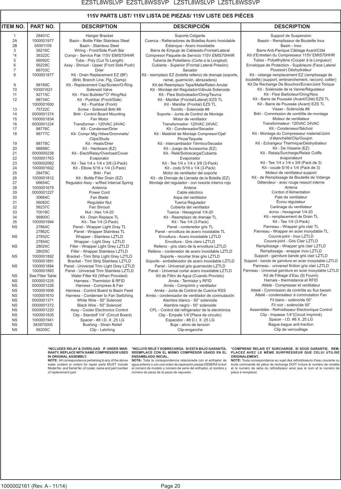 Page 20EZSTL8WSLVP  EZSTL8WSSVP   LZSTL8WSLVP  LZSTL8WSSVP1000002161 (Rev. A - 11/14)*COMPREND RELAIS ET SURCHARGE. SI SOUS GARANTIE,  REM-PLACEZ AVEC LE M&Ecirc;ME SURPRESSEUR QUE CELUI UTILIS&Eacute; ORIGINALEMENT.NOTE: Toute correspondance au sujet des refroidisseurs d&rsquo;eau courante ou toute commande de pi&egrave;ce de rechange DOIT inclure le num&eacute;ro de mod&egrave;le et le num&eacute;ro de s&eacute;rie du refroidisseur ainsi que le nom et le num&eacute;ro de pi&egrave;ce &agrave; remplacer.*INCLUDES RELAY &amp; OVERLOAD.  IF UNDER WAR-RANTY, REPLACE WITH SAME COMPRESSOR USED IN ORIGINAL ASSEMBLY.  NOTE:  All correspondence pertaining to any of the above water coolers or orders for repair parts MUST include Model No. and Serial No. of cooler, name and part number of replacement part.*INCLUYE REL&Eacute; Y SOBRECARGA.  SI EST&Aacute; BAJO GARANT&Iacute;A, REEMPLACE CON EL MISMO COMPRESOR USADO EN EL ENSAMBLADO INICIAL.NOTA: Toda la correspondencia relacionada con el enfriador de agua anterior o con una orden de reparaci&oacute;n piezas DEBER&Aacute; incluir el n&uacute;mero de modelo y n&uacute;mero de serie del enfriador, el nombre y n&uacute;mero de pieza de la pieza de repuesto.ITEM NO. PART NO. DESCRIPTION DESCRIPCI&Oacute;N DESCRIPTION115V PARTS LIST/ 115V LISTA DE PIEZAS/ 115V LISTE DES PI&Egrave;CESSoporte ColganteCuenca - Rellenadores de Botellas Acero InoxidableEstanque - Acero InoxidableBarra de Empuje de Cableado-Frontal/LateralCompresor Paquete de Servicio 115V EMIS70HHRTuber&iacute;a de Polietileno (Corte a la Longitud)Cubierta - Superior (Frontal Lateral Presi&oacute;n)SecadorKit - reemplazo EZ (botella relleno) de drenaje (soporte, ramal, guarnici&oacute;n, abrazadera)Kit del Reemplazo Tapa/Malla/Reten AnularKit - Montaje del Regulador/V&aacute;lvula SolenoideKit - Flexi Borboteador/Oring/TeurcaKit - Manillar (Frontal/Lateral) EZS TLKit - Manillar (Frontal) EZS TLTornillo - Solenoide #8Soporte - Junta de Control de Montaje Motor de ventiladorTransformador- 120VAC 24VACKit - Condensador/SecadorKit - Mat&eacute;riel de Montaje Compresor/Ojal/Pinza/TaqueteKit - Intercambiador T&eacute;rmico/SecadorKit - Juego de Accesorios (EZ) Kit - Rel&eacute;/Sobrecarga/CubiertaEvaporadorKit - Tee 1/4 x 1/4 x 3/8 (3-Pack)Kit - codo 5/16 x 1/4 (3-Pack)Motor de ventilador del soporteKit - de Drenaje de Llenada de la Botella (EZ)Montaje del regulador - con resorte interno rojoAntenaCable el&eacute;ctricoAspa del ventiladorTuerca ReguladorCubierta del ventiladorTuerca - Hexagonal 1/4-20Kit - Reemplazo de drenaje TLKit - Tee 1/4 (3-Pack)Panel - contenedor gris TLPanel - envoltura de acero inoxidable TLEnvoltura - Acero inoxidable LZTLDEnvoltura - Gris claro LZTLDRelleno - gris claro de la envoltura LZTLDRelleno - contenedor de acero inoxidable LZTLDSoporte - recortar tiras gris LZTLDSoporte - embellecedor de acero inoxidable LZTLDPanel - Universal gris guarnecido LZTLDPanel - Universal cortar acero inoxidable LZTLDKit de Filtro de Agua (Cuando Provisto)Arn&eacute;s - Termistor y RFIDArn&eacute;s - Comprimir y ventiladorArn&eacute;s - Junta de Control de Cuenca RSSArn&eacute;s - condensador de ventilador de conmutaci&oacute;nAlambre blanco - 50&rdquo; solenoideAlambre negro - 50&rdquo; solenoideCPL - Control del refrigerador de la electr&oacute;nicaClip - Empate 1/4&rdquo;(Placa de circuito)Espacidor - #8 D.I. X .25 LGBuje - alivio de tensi&oacute;nClip-engancheSupport de SuspensionBassin - Remplisseur de Bouteille InoxBasin - InoxBarre Anti-Panique C&acirc;blage Avant/C&ocirc;t&eacute;Kit d&rsquo;Entretien du Compresseur 115V EMIS70HHRTubes - Poly&eacute;thyl&egrave;ne (Couper &agrave; la Longueur)Enveloppe de Protection - Sup&eacute;rieure (Face LaterelPoussoir) D&eacute;shydrateurKit - vidange remplacement EZ (remplissage de bouteille) (support, embranchement, raccord, collier)Kit De Rechange De Bouchon/Ecran/Joint ToriqueKit - Sol&eacute;noide de la Vanne/R&eacute;gulateurKit - Flexi Barboteur/Oring/NoixKit - Barre de Pouss&eacute;e (Avant/C&ocirc;t&eacute;) EZS TLKit - Barre de Pouss&eacute;e (Avant) EZS TLVisser - Sol&eacute;no&iuml;de #8Brkt - Commission de contr&ocirc;le de montage Moteur de ventilateurTransformateur- 120VAC 24VACKit - Condenseur/S&eacute;choirKit - Montage du Compresseur materiel/Jointd&rsquo;&eacute;tanch&eacute;it&eacute;/Clip/GoujonKit - Echangeur Thermique/D&eacute;shydrateurKit - De Visserie (EZ)Kit - Relais/Surcharge/Relais Coiffe&eacute;vaporateurtKit - Tee 1/4 x 1/4 x 3/8 (Pack de 3)Kit - coude 5/16 x 1/4 (Pack de 3)Moteur de ventilateur-supportKit - de Remplissage de Bouteille de VidangeD&eacute;tendeur - avec rouge ressort interneAntenaCordon d&rsquo;AlimentationPale de ventilateur&Eacute;crou r&eacute;gulateurCar&eacute;nage du ventilateur&eacute;crou - hexagonal 1/4-20Kit - remplacement de Drain TLKit - Tee 1/4 (3-Pack)Panneau - Wrapper gris clair TLPanneau - Wrapper en acier inoxydable TLCouvre-joint - Inox LZTLDCouvre-joint - Gris Clair LZTLDRemplissage - Wrapper gris clair LZTLDRemplissage - wrapper inox LZTLDSupport - garniture bande gris clair LZTLDSupport - bande de garniture en acier inoxydable LZTLDPanneau - universel nition gris clair LZTLDPanneau - Universal garniture en acier inoxydable LZTLDKit de Filtrage d&rsquo;Eau (Si Fourni)Harnais - thermistance et RFIDAttel&eacute; - Compresser et ventilateurAttel&eacute; - Commission de contr&ocirc;le au ux bassinAttel&eacute; - condensateur &agrave; commutation FanFil blanc - sol&eacute;no&iuml;de 50&rdquo;Fil noir - sol&eacute;no&iuml;de 50&rdquo;Assembl&eacute;e - Refroidisseur Electronique ControlClip - Impasse 1/4&rdquo;(Circuit Imprim&eacute;)Spacer - I.D. #8 X .25 LGBague-bague anti-tractionClip de verrouillage28401C10000019775500110936216C36322C56092C56229C66703C100000187798169C10000162192715C98734C100000160075722C00000013741000001834000000122498776C98777C98778C98898C000000023810000017631000002062100000160228479C100000181266654C1000001679000000122730664C56082C56237C70018C98900C100000199427864C27862C27852C27854C 28024C28025C1000001892100000189110000018941000001893See Filter Table00000012250000001226100000160810000016100000001371000000137200000012201000001835100000194138397000556205CHanger BracketBasin - Bottle Filler Stainless SteelBasin - Stainless SteelWiring - Front/Side Push BarCompr - Service Pak 115V EMIS70HHRTube - Poly (Cut To Length)Assy - Shroud - Upper (Front Side Push)DrierKit - Drain Replacement EZ (BF)(Brkt, Branch Line, Ftg, Clamp)Kit - Replacement Cap/Screen/O-Ring Solenoid ValveKit - Flexi Bubbler/&ldquo;O&rdquo;-Ring/NutKit - Pushbar (Front/Side) Kit - Pushbar (Front) Screw - Solenoid Brkt #8Brkt - Control Board Mounting Fan Motor Transformer - 120VAC 24VACKit - Condenser/Drier Kit- Compr Mtg Hdwe/Grommets/Clips/StudsKit - Heatx/DrierKit - Hardware (EZ) Kit - Elect/Relay/Overload/CoverEvaporator Kit - Tee 1/4 x 1/4 x 3/8 (3-Pack)Kit - Elbow 5/16 x 1/4 (3-Pack)Brkt - FanKit - Bottle Filler Drain (EZ)Regulator Assy - w/Red Internal SpringAntennaPower CordFan BladeRegulator NutFan ShroudNut - Hex 1/4-20Kit - Drain Replace TL Kit - Tee 1/4 (3-Pack)Panel - Wrapper Light Gray TLPanel - Wrapper Stainless TLWrapper - Stainless LZTLDWrapper - Light Grey  LZTLDFiller - Wrapper Light Grey LZTLDFiller - Wrapper Stainless LZTLDBracket - Trim Strip Light Grey LZTLDBracket - Trim Strip Stainless LZTLDPanel - Universal Trim Light Grey LZTLDPanel - Universal Trim Stainless LZTLDWater Filter Kit (When Provided)Harness - Thermistor &amp; RFIDHarness - Compress &amp; FanHarness - Control Board to Basin FeedHarness - Condenser to Fan SwitchingWhite Wire - 50&rdquo; SolenoidBlack Wire - 50&rdquo; SolenoidAssy - Cooler Electronics ControlClip - Standoff 1/4&rdquo; (Circuit Board)Spacer - #8 I.D. X .25 LGBushing - Strain ReliefClip - Latching12A2B3*4567891011121314151617181920212223242526272829303132333435NSNSNSNSNSNS NSNSNSNSNSNSNSNSNSNSNS