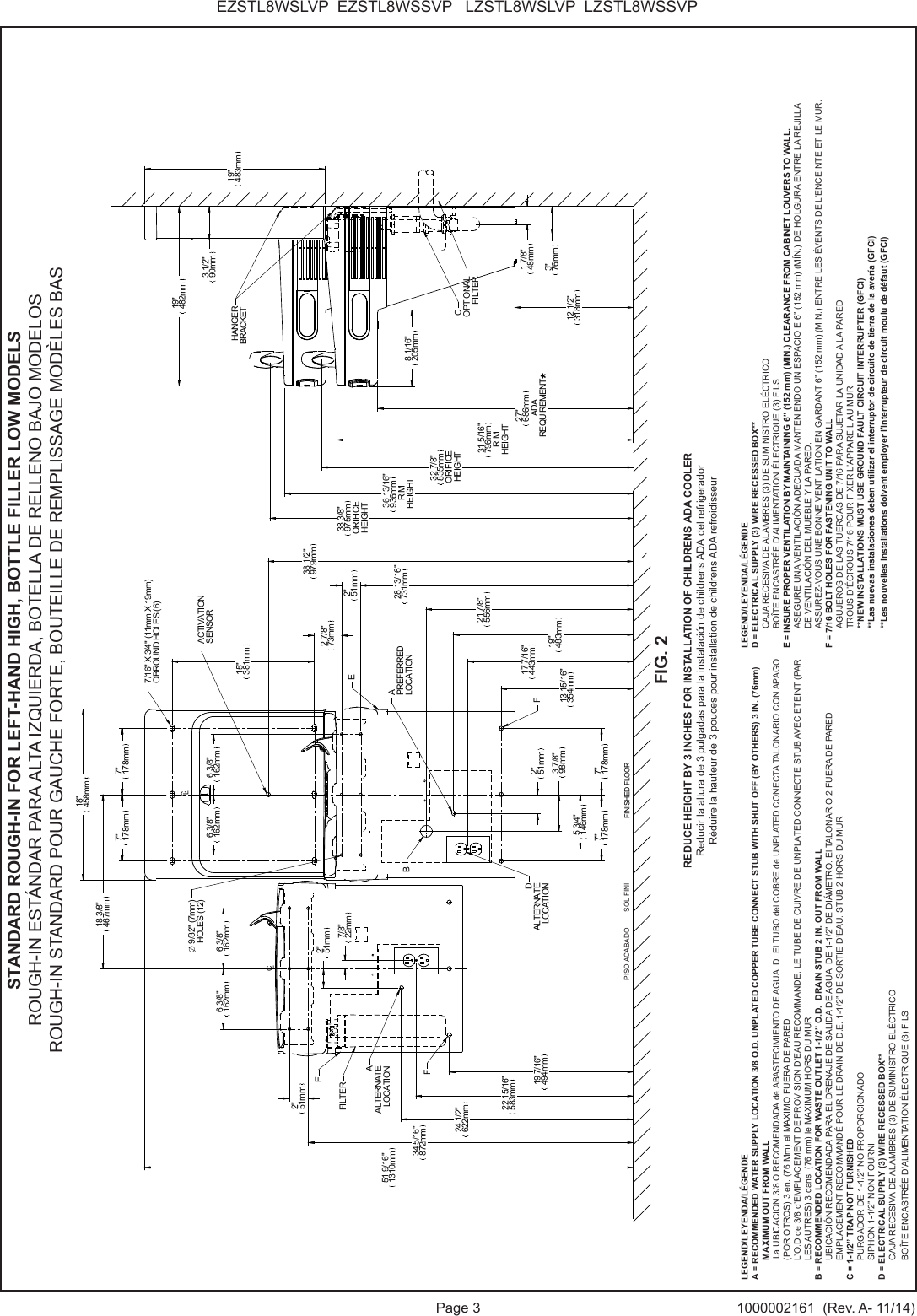 Page 3 1000002161  (Rev. A- 11/14)EZSTL8WSLVP  EZSTL8WSSVP   LZSTL8WSLVP  LZSTL8WSSVPCLCLFINISHED FLOOR15"381mm2 7/8"73mm2"51mm28 13/16"731mm13 15/16"354mm2"51mm3 7/8"98mm5 3/4"146mm7"178mm 7"178mm17 7/16"443mm19"483mm21 7/8"556mm34 5/16"872mm51 9/16"1310mm6 3/8"162mm 6 3/8"162mm7"178mm 7"178mm18"458mm12 1/2"318mm27"686mmADAREQUIREMENT31 5/16"796mmRIMHEIGHT32 7/8"835mmORIFICEHEIGHT19"482mm3 1/2"90mm19"483mm7/16" X 3/4" (11mm X 19mm)OBROUND HOLES (6)O 9/32" (7mm)HOLES (12)APREFERREDLOCATIONBDALTERNATELOCATION *8 1/16"205mmCHANGERBRACKETOPTIONALFILTER36 13/16"936mmRIMHEIGHT38 3/8"975mmORIFICEHEIGHTEFF19 7/16"494mm2"51mm22 15/16"583mm24 1/2"622mm2"51mm7/8"22mm18 3/8"467mm6 3/8"162mm6 3/8"162mmAALTERNATELOCATIONEFILTER38 1/2"979mmACTIVATIONSENSOR1 7/8"48mm3"76mmLEGEND/LEYENDA/L&Eacute;GENDEA = RECOMMENDED WATER SUPPLY LOCATION 3/8 O.D. UNPLATED COPPER TUBE CONNECT STUB WITH SHUT OFF (BY OTHERS) 3 IN. (76mm) MAXIMUM OUT FROM WALL    La UBICACION 3/8 O RECOMENDADA de ABASTECIMIENTO DE AGUA. D. El TUBO del COBRE de UNPLATED CONECTA TALONARIO CON APAGO (POR OTROS) 3 en. (76 Mm) el MAXIMO FUERA DE PARED        L&rsquo;O.D de 3/8 d&rsquo;EMPLACEMENT DE PROVISION D&rsquo;EAU RECOMMANDE. LE TUBE DE CUIVRE DE UNPLATED CONNECTE STUB AVEC ETEINT (PAR LES AUTRES) 3 dans. (76 mm) le MAXIMUM HORS DU MURB = RECOMMENDED LOCATION FOR WASTE OUTLET 1-1/2&rdquo; O.D.  DRAIN STUB 2 IN. OUT FROM WALLUBICACI&Oacute;N RECOMENDADA PARA EL DRENAJE DE SALIDA DE AGUA, DE 1-1/2&rdquo; DE DI&Aacute;METRO. El TALONARIO 2 FUERA DE PAREDEMPLACEMENT RECOMMAND&Eacute; POUR LE DRAIN DE D.E. 1-1/2&rdquo; DE SORTIE D&rsquo;EAU. STUB 2 HORS DU MURC = 1-1/2&rdquo; TRAP NOT FURNISHEDPURGADOR DE 1-1/2&rdquo; NO PROPORCIONADOSIPHON 1-1/2&rdquo; NON FOURNID = ELECTRICAL SUPPLY (3) WIRE RECESSED BOX**CAJA RECESIVA DE ALAMBRES (3) DE SUMINISTRO EL&Eacute;CTRICOBO&Icirc;TE ENCASTR&Eacute;E D&rsquo;ALIMENTATION &Eacute;LECTRIQUE (3) FILSLEGEND/LEYENDA/L&Eacute;GENDED = ELECTRICAL SUPPLY (3) WIRE RECESSED BOX**CAJA RECESIVA DE ALAMBRES (3) DE SUMINISTRO EL&Eacute;CTRICOBO&Icirc;TE ENCASTR&Eacute;E D&rsquo;ALIMENTATION &Eacute;LECTRIQUE (3) FILSE = INSURE PROPER VENTILATION BY MAINTAINING 6&rdquo; (152 mm) (MIN.) CLEARANCE FROM CABINET LOUVERS TO WALL.ASEGURE UNA VENTILACI&Oacute;N ADECUADA MANTENIENDO UN ESPACIO E 6&rdquo; (152 mm) (M&Iacute;N.) DE HOLGURA ENTRE LA REJILLADE VENTILACI&Oacute;N DEL MUEBLE Y LA PARED.ASSUREZ-VOUS UNE BONNE VENTILATION EN GARDANT 6&rdquo; (152 mm) (MIN.) ENTRE LES &Eacute;VENTS DE L&rsquo;ENCEINTE ET LE MUR.F = 7/16 BOLT HOLES FOR FASTENING UNIT TO WALLAGUJEROS DE LAS TUERCAS DE 7/16 PARA SUJETAR LA UNIDAD A LA PAREDTROUS D&rsquo;&Eacute;CROUS 7/16 POUR FIXER L&rsquo;APPAREIL AU MUR**NEW INSTALLATIONS MUST USE GROUND FAULT CIRCUIT INTERRUPTER (GFCI)**Las nuevas instalaciones deben utilizar el interruptor de circuito de tierra de la aver&iacute;a (GFCI)**Les nouvelles installations doivent employer l&rsquo;interrupteur de circuit moulu de d&eacute;faut (GFCI)STANDARD ROUGH-IN FOR LEFT-HAND HIGH, BOTTLE FILLER LOW MODELSROUGH-IN EST&Aacute;NDAR PARA ALTA IZQUIERDA, BOTELLA DE RELLENO BAJO MODELOSROUGH-IN STANDARD POUR GAUCHE FORTE, BOUTEILLE DE REMPLISSAGE MOD&Egrave;LES BASFIG. 2REDUCE HEIGHT BY 3 INCHES FOR INSTALLATION OF CHILDRENS ADA COOLERReducir la altura de 3 pulgadas para la instalaci&oacute;n de childrens ADA del refrigeradorR&eacute;duire la hauteur de 3 pouces pour installation de childrens ADA refroidisseurPISO ACABADO        SOL FINI