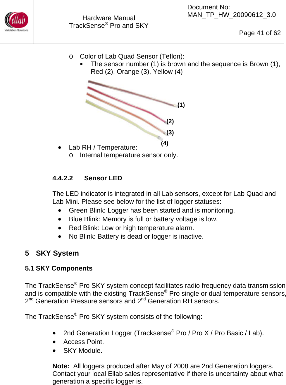 Document No: MAN_TP_HW_20090612_3.0  Hardware Manual TrackSense&reg; Pro and SKY  Page 41 of 62 o Color of Lab Quad Sensor (Teflon):   The sensor number (1) is brown and the sequence is Brown (1), Red (2), Orange (3), Yellow (4)   (1) (2) (3) (4) &bull; Lab RH / Temperature: o Internal temperature sensor only.   4.4.2.2  Sensor LED  The LED indicator is integrated in all Lab sensors, except for Lab Quad and Lab Mini. Please see below for the list of logger statuses: &bull; Green Blink: Logger has been started and is monitoring. &bull; Blue Blink: Memory is full or battery voltage is low. &bull; Red Blink: Low or high temperature alarm. &bull; No Blink: Battery is dead or logger is inactive.  5  SKY System 5.1 SKY Components  The TrackSense&reg; Pro SKY system concept facilitates radio frequency data transmission and is compatible with the existing TrackSense&reg; Pro single or dual temperature sensors, 2nd Generation Pressure sensors and 2nd Generation RH sensors.  The TrackSense&reg; Pro SKY system consists of the following:  &bull; 2nd Generation Logger (Tracksense&reg; Pro / Pro X / Pro Basic / Lab). &bull; Access Point. &bull; SKY Module.  Note:  All loggers produced after May of 2008 are 2nd Generation loggers.  Contact your local Ellab sales representative if there is uncertainty about what generation a specific logger is.  