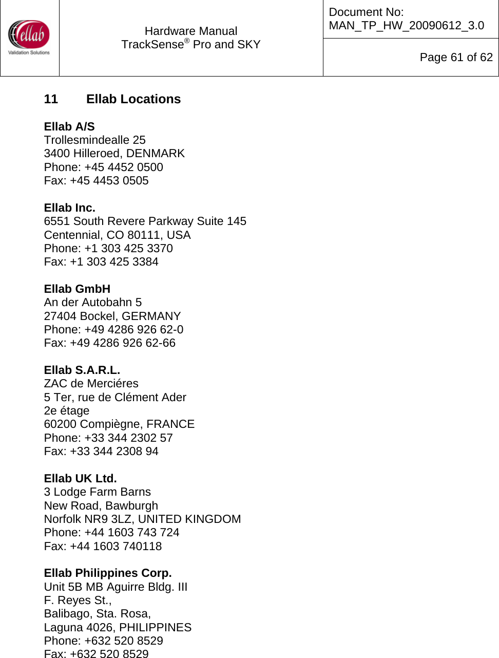 Document No: MAN_TP_HW_20090612_3.0  Hardware Manual TrackSense&reg; Pro and SKY  Page 61 of 62 11  Ellab Locations  Ellab A/S      Trollesmindealle 25    3400 Hilleroed, DENMARK Phone: +45 4452 0500 Fax: +45 4453 0505  Ellab Inc.      6551 South Revere Parkway Suite 145     Centennial, CO 80111, USA Phone: +1 303 425 3370 Fax: +1 303 425 3384  Ellab GmbH      An der Autobahn 5       27404 Bockel, GERMANY Phone: +49 4286 926 62-0 Fax: +49 4286 926 62-66  Ellab S.A.R.L.   ZAC de Merci&eacute;res    5 Ter, rue de Cl&eacute;ment Ader     2e &eacute;tage 60200 Compi&egrave;gne, FRANCE Phone: +33 344 2302 57 Fax: +33 344 2308 94  Ellab UK Ltd.     3 Lodge Farm Barns       New Road, Bawburgh Norfolk NR9 3LZ, UNITED KINGDOM Phone: +44 1603 743 724 Fax: +44 1603 740118  Ellab Philippines Corp.       Unit 5B MB Aguirre Bldg. III     F. Reyes St.,  Balibago, Sta. Rosa, Laguna 4026, PHILIPPINES   Phone: +632 520 8529 Fax: +632 520 8529     
