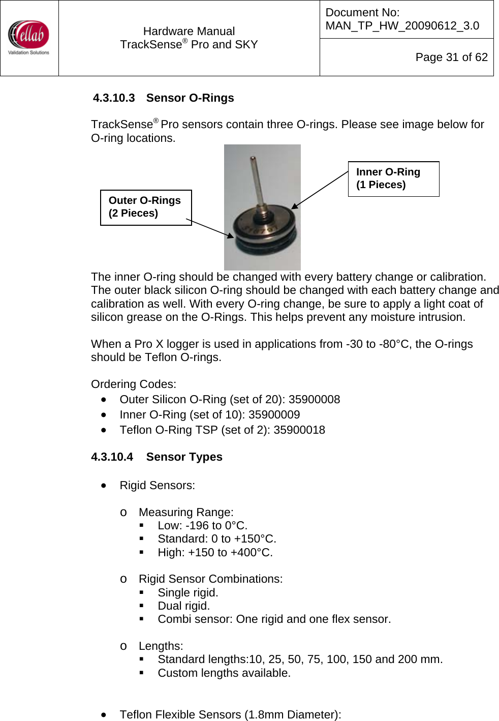 Document No: MAN_TP_HW_20090612_3.0  Hardware Manual TrackSense&reg; Pro and SKY  Page 31 of 62 4.3.10.3  Sensor O-Rings  TrackSense&reg; Pro sensors contain three O-rings. Please see image below for  O-ring locations.    Inner O-Ring (1 Pieces) Outer O-Rings    (2 Pieces) The inner O-ring should be changed with every battery change or calibration.  The outer black silicon O-ring should be changed with each battery change and calibration as well. With every O-ring change, be sure to apply a light coat of silicon grease on the O-Rings. This helps prevent any moisture intrusion.    When a Pro X logger is used in applications from -30 to -80&deg;C, the O-rings should be Teflon O-rings.   Ordering Codes: &bull; Outer Silicon O-Ring (set of 20): 35900008 &bull; Inner O-Ring (set of 10): 35900009 &bull; Teflon O-Ring TSP (set of 2): 35900018  4.3.10.4  Sensor Types  &bull; Rigid Sensors:  o Measuring Range:   Low: -196 to 0&deg;C.   Standard: 0 to +150&deg;C.   High: +150 to +400&deg;C.  o Rigid Sensor Combinations:  Single rigid.  Dual rigid.   Combi sensor: One rigid and one flex sensor.   o Lengths:   Standard lengths:10, 25, 50, 75, 100, 150 and 200 mm.   Custom lengths available.   &bull; Teflon Flexible Sensors (1.8mm Diameter): 