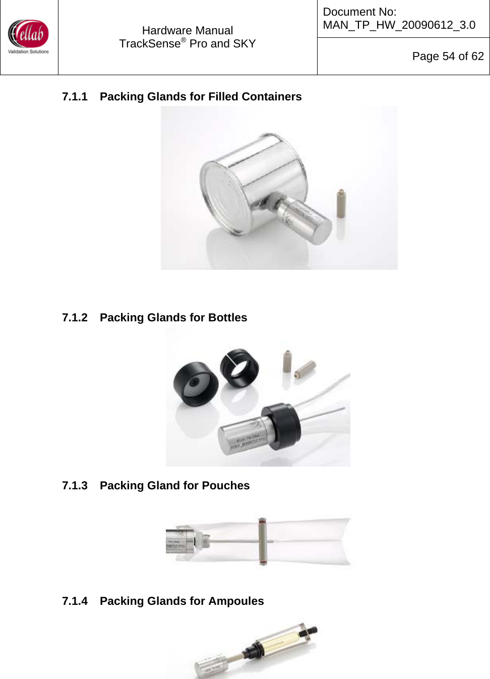 Document No: MAN_TP_HW_20090612_3.0  Hardware Manual TrackSense&reg; Pro and SKY  Page 54 of 62 7.1.1  Packing Glands for Filled Containers    7.1.2  Packing Glands for Bottles  7.1.3  Packing Gland for Pouches  7.1.4  Packing Glands for Ampoules    