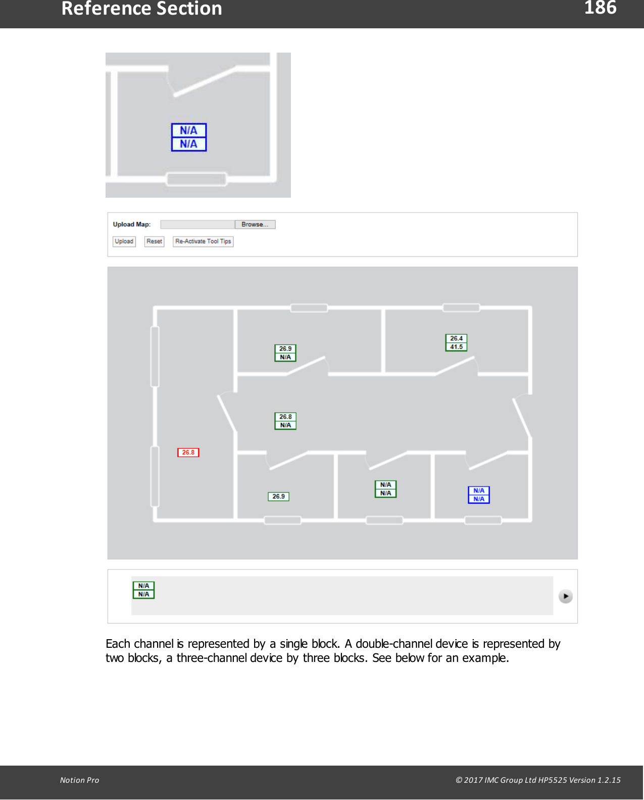186Notion  Pro                                                                                                                                                                                                                                  &copy; 2017 IMC Group Ltd HP5525 Version 1.2.15Reference SectionEach channel is represented by a single block. A double-channel device is represented bytwo blocks, a three-channel device by three blocks. See below for an example.