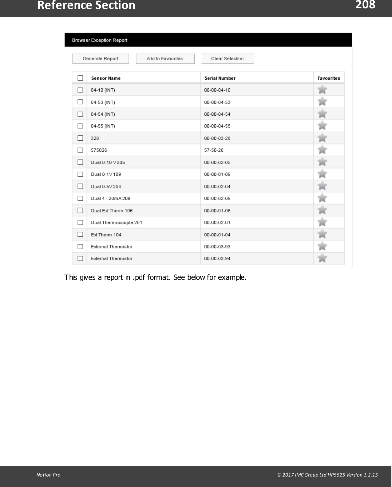 208Notion  Pro                                                                                                                                                                                                                                  &copy; 2017 IMC Group Ltd HP5525 Version 1.2.15Reference SectionThis gives a report in .pdf format. See below for example.