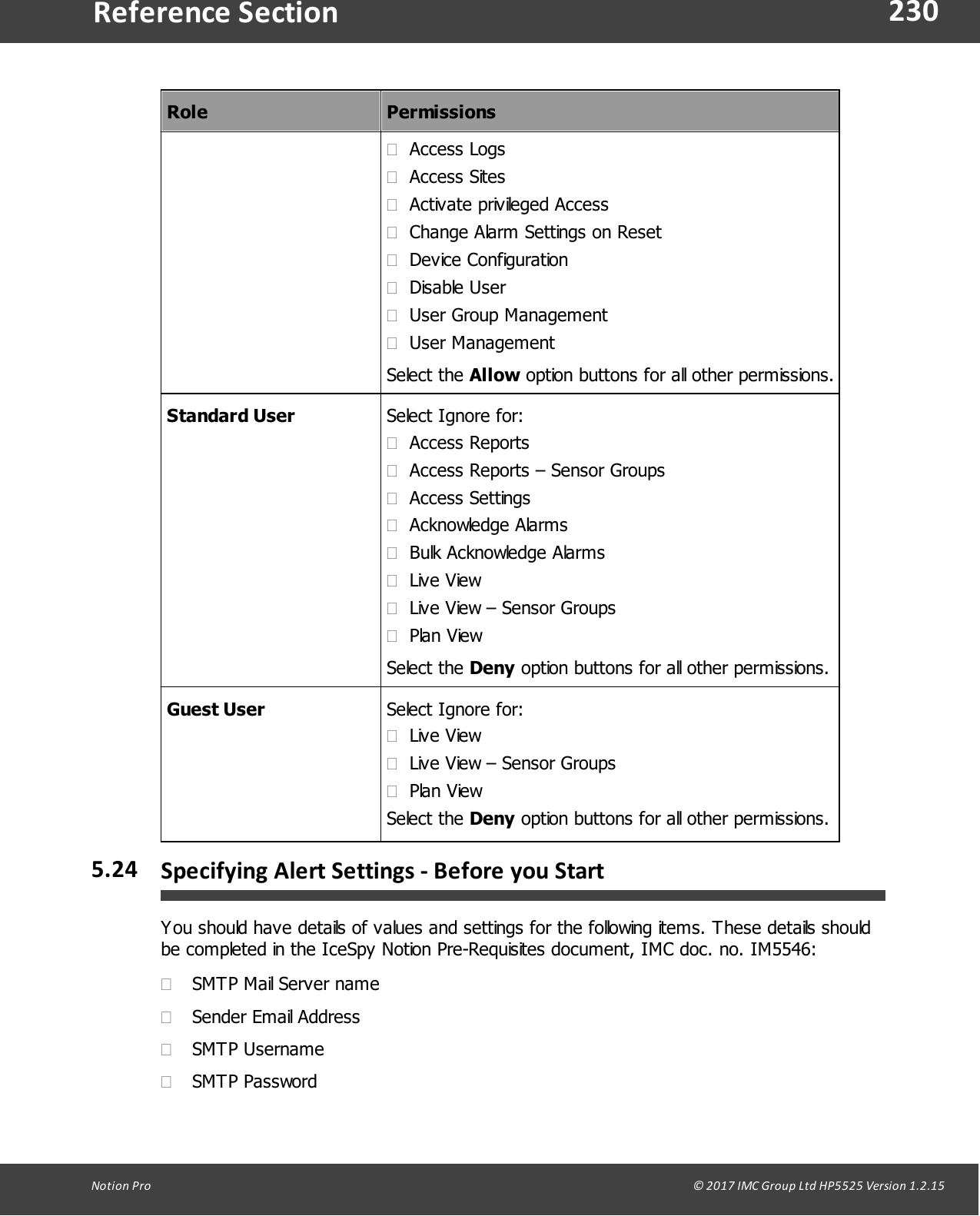 230Notion  Pro                                                                                                                                                                                                                                  &copy; 2017 IMC Group Ltd HP5525 Version 1.2.15Reference SectionRolePermissions&middot;Access Logs&middot;Access Sites&middot;Activate privileged Access&middot;Change Alarm Settings on Reset&middot;Device Configuration&middot;Disable User&middot;User Group Management&middot;User ManagementSelect  the  Allow option buttons for all other permissions.Standard UserSelect Ignore for:&middot;Access Reports&middot;Access Reports &ndash; Sensor Groups&middot;Access Settings&middot;Acknowledge Alarms&middot;Bulk Acknowledge Alarms&middot;Live View&middot;Live View &ndash; Sensor Groups&middot;Plan ViewSelect  the  Deny option buttons for all other permissions.Guest UserSelect Ignore for:&middot;Live View&middot;Live View &ndash; Sensor Groups&middot;Plan ViewSelect  the  Deny option buttons for all other permissions.5.24 Specifying Alert Settings  - Before  you  StartYou should have details of values and settings for the following items. These details shouldbe completed in the IceSpy Notion Pre-Requisites document, IMC doc. no. IM5546:&middot;SMTP Mail Server name&middot;Sender Email Address&middot;SMTP Username&middot;SMTP Password